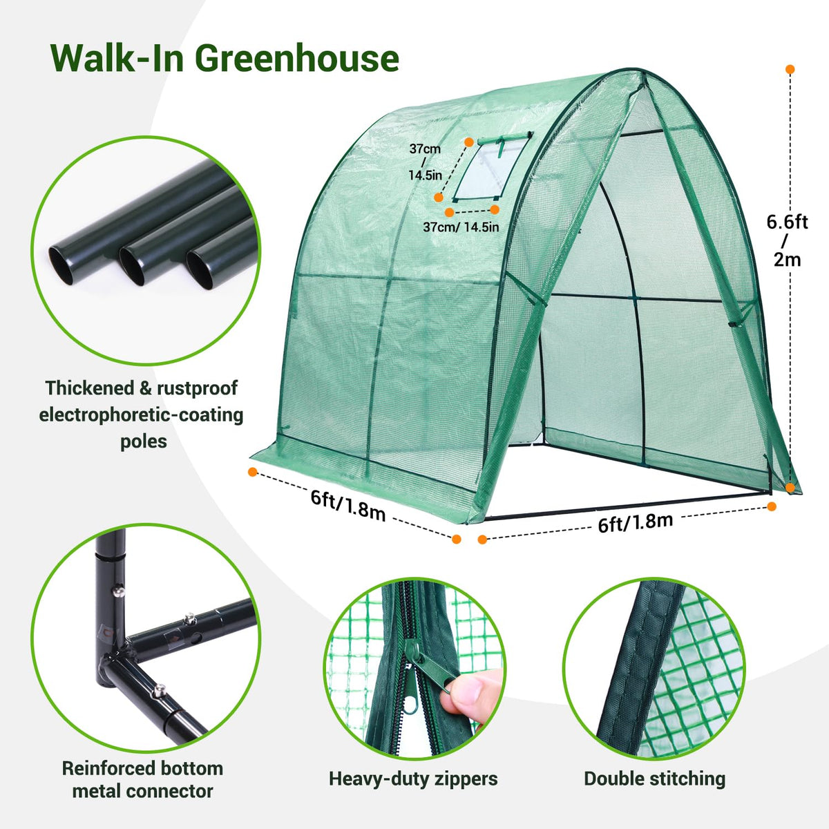 Ohuhu Portable Tunnel Greenhouse Outdoor: Heavy Duty Walk in Green House with Mesh Windows Durable Plastic PE Cover for Outside, 1.8x1.8x2m, Green