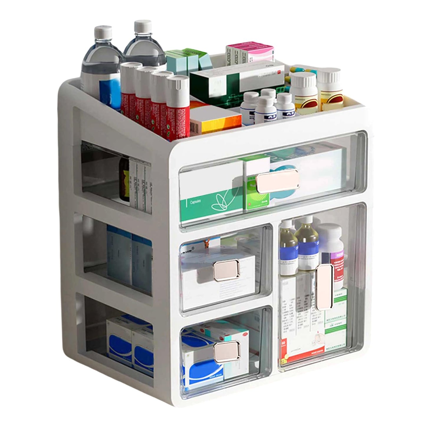 Yuehuamech Desktop Organiser Medicine Box 4 Clear Drawers Storage Container Desktop Storage Drawer Makeup Desk Organiser Storage Box for Small Item