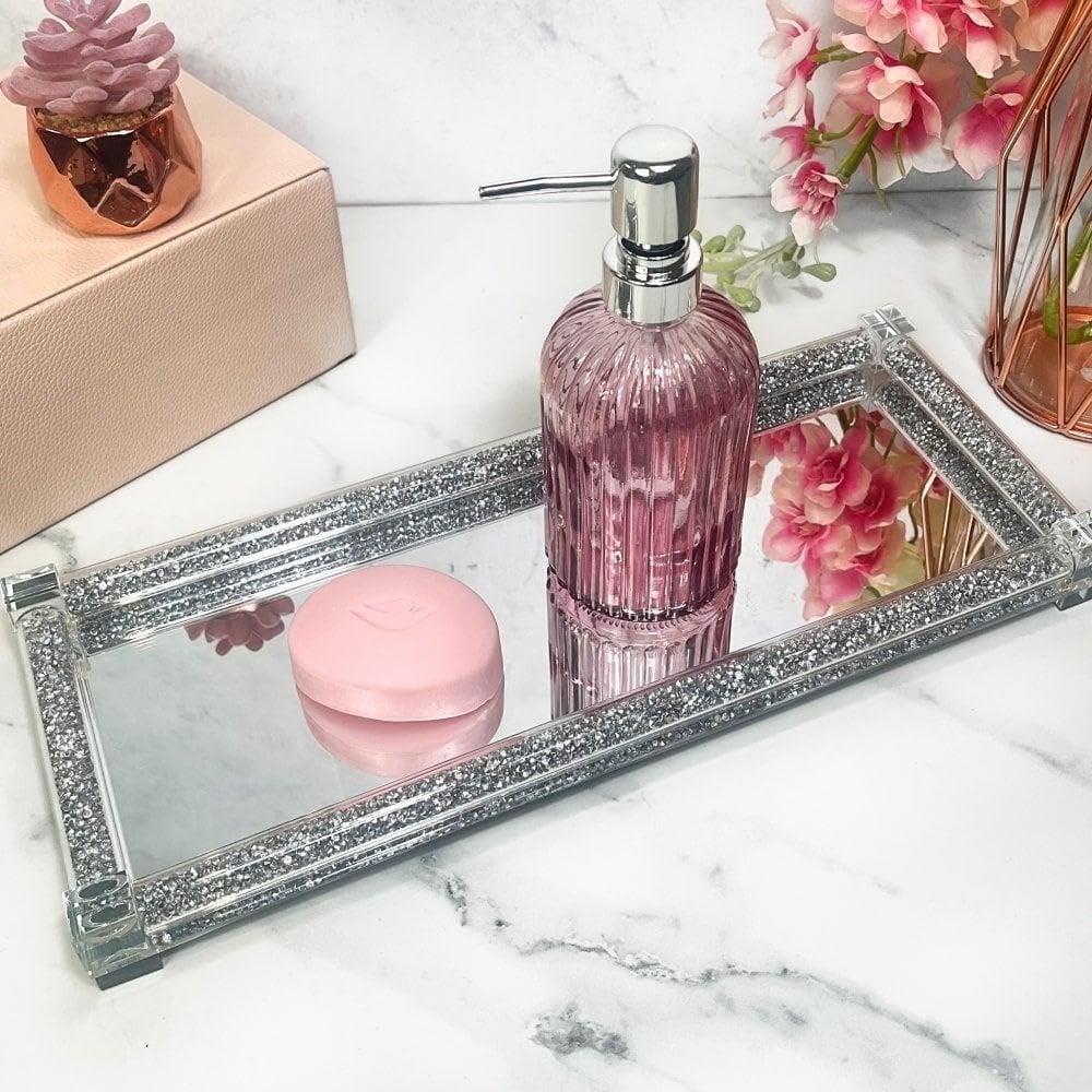 Glass Mirrored Display - Rectangular Elegant Crystal Tray with Crushed Diamonds Frame - 35 x 18 cms, Perfect for Cosmetics, Perfume, Trinkets & Home