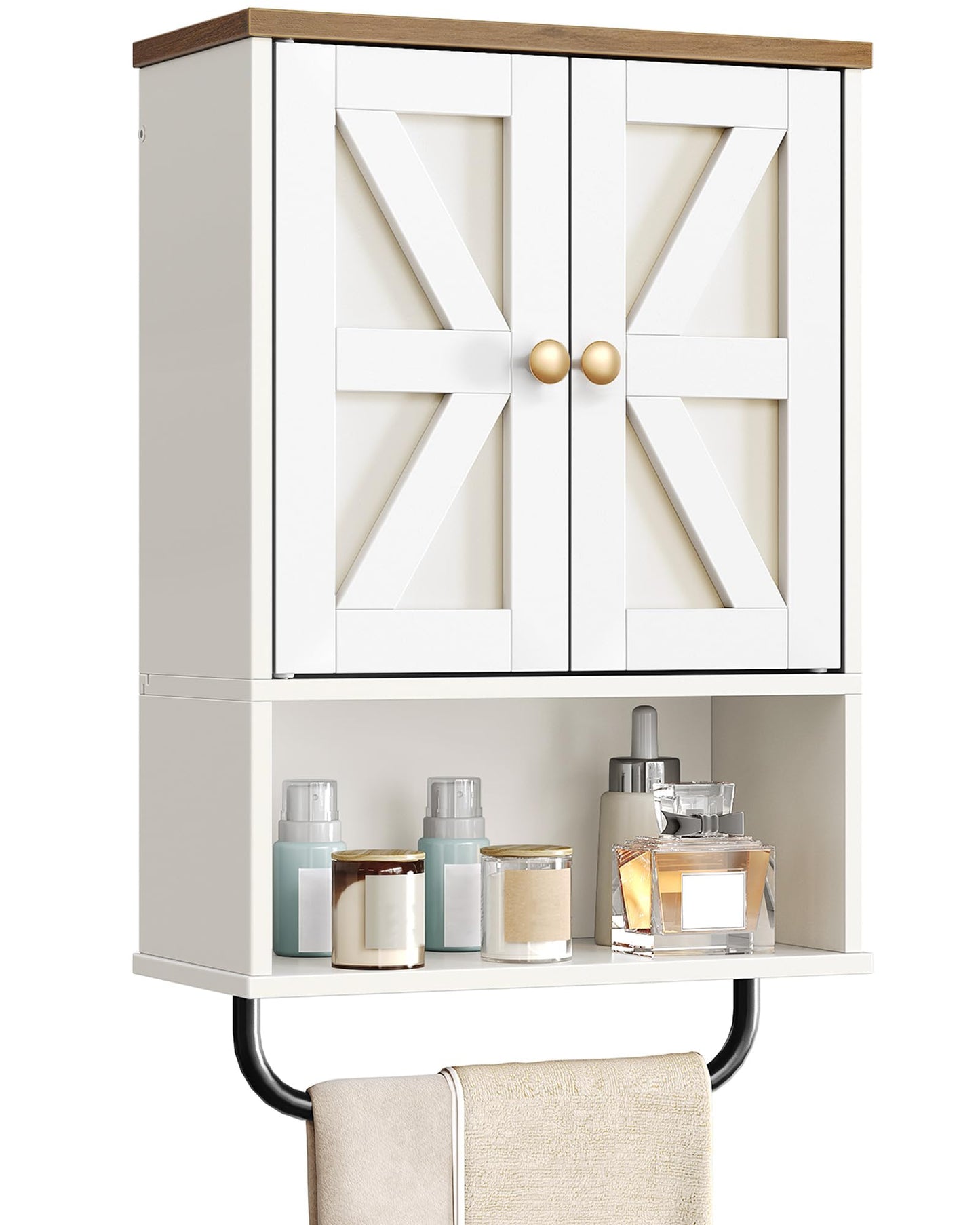 CHOEZON Bathroom Wall Cabinet, Farmhouse Medicine Cabinet Organizer with Open Shelf and Towel Bar, Wooden Cupboard with Open and Hidden Storage, for