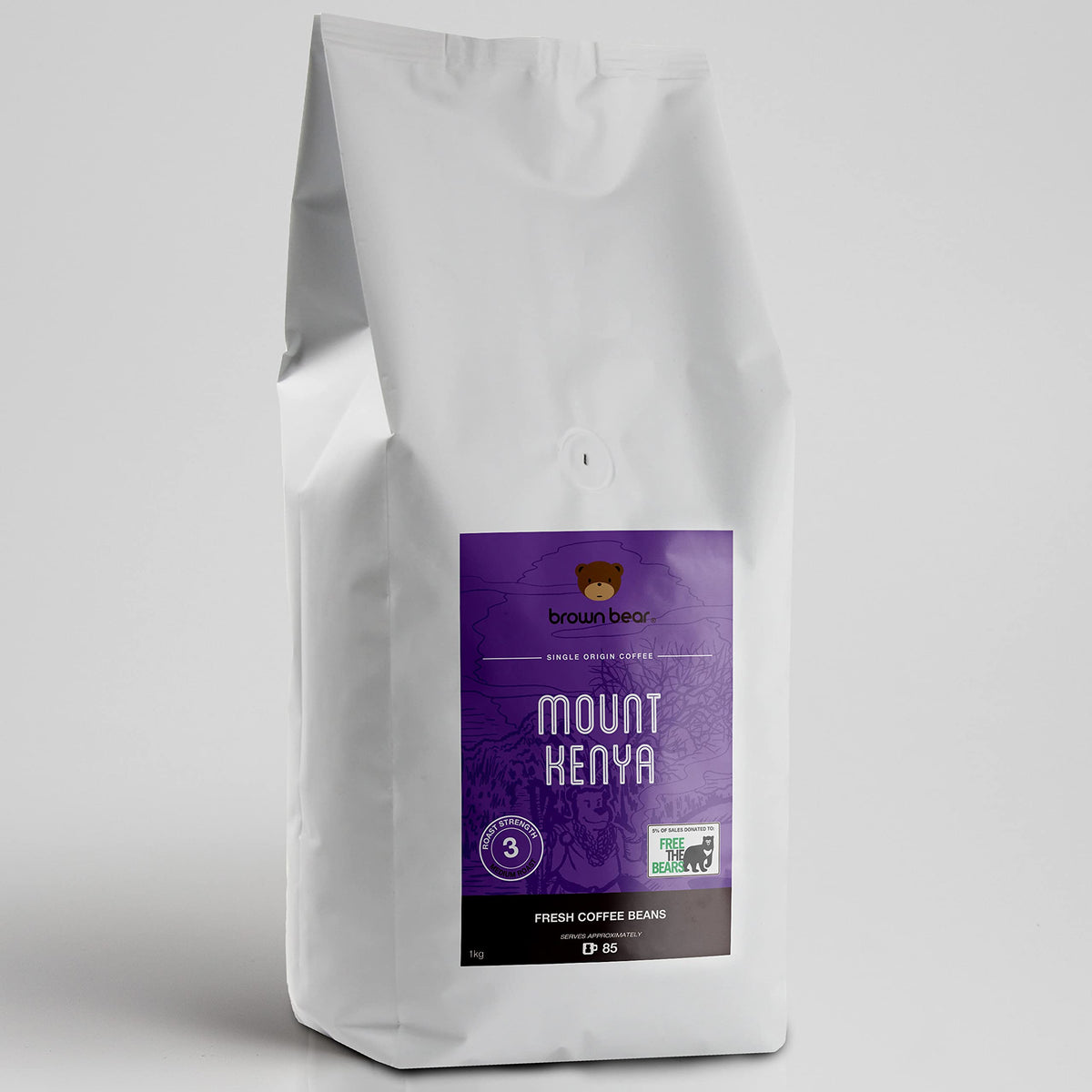 Kenyan Medium Roast Coffee Beans 1kg - Brown Bear Mount Kenya Coffee - Suitable For All Machines - Strength 3 - Donation to Free The Bears