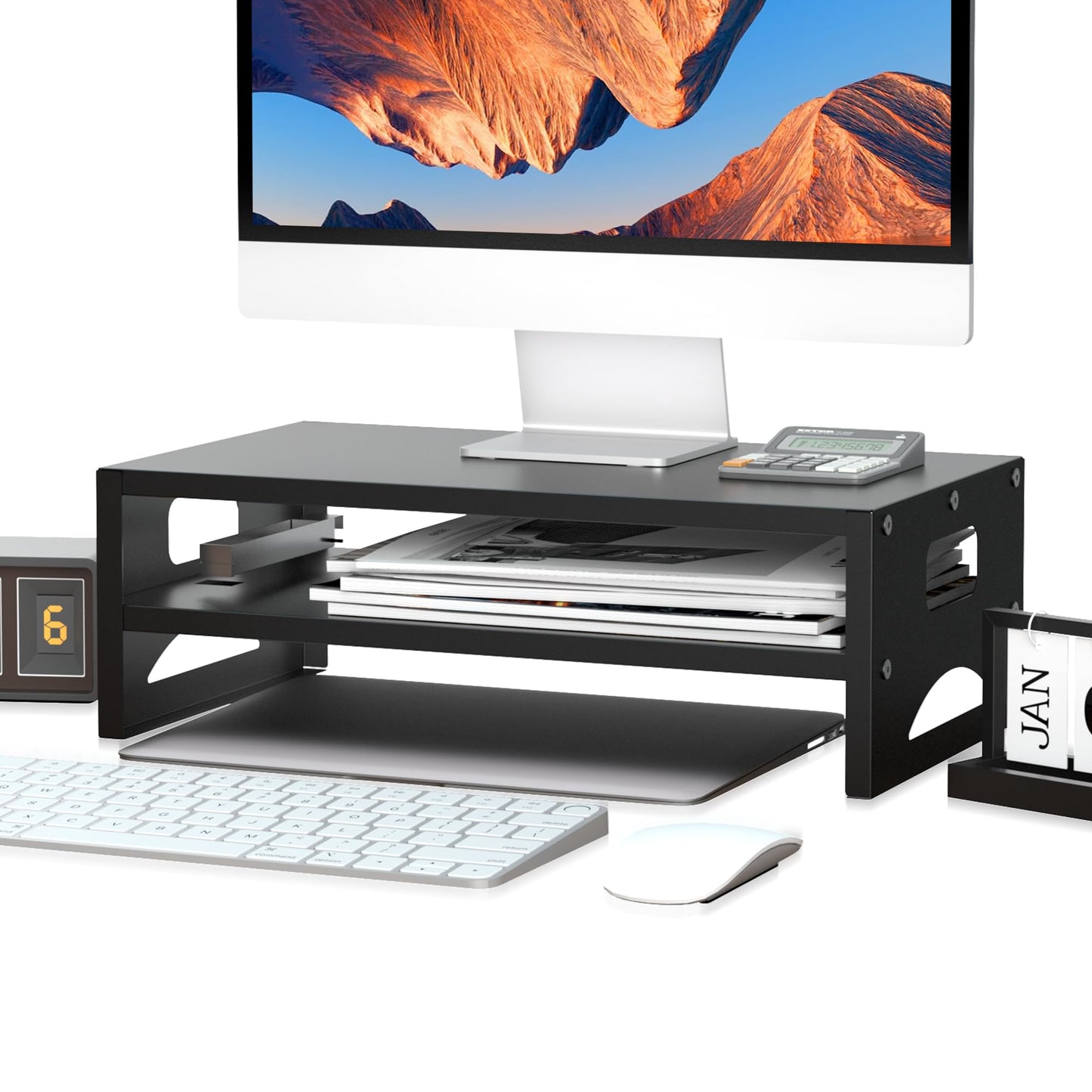 Pholiten Metal Monitor Stand Riser with Storage Shelf | 14cm Ergonomic Height, 30kg Heavy Duty | UK Home Office Desk Organiser w/ Cable Management |