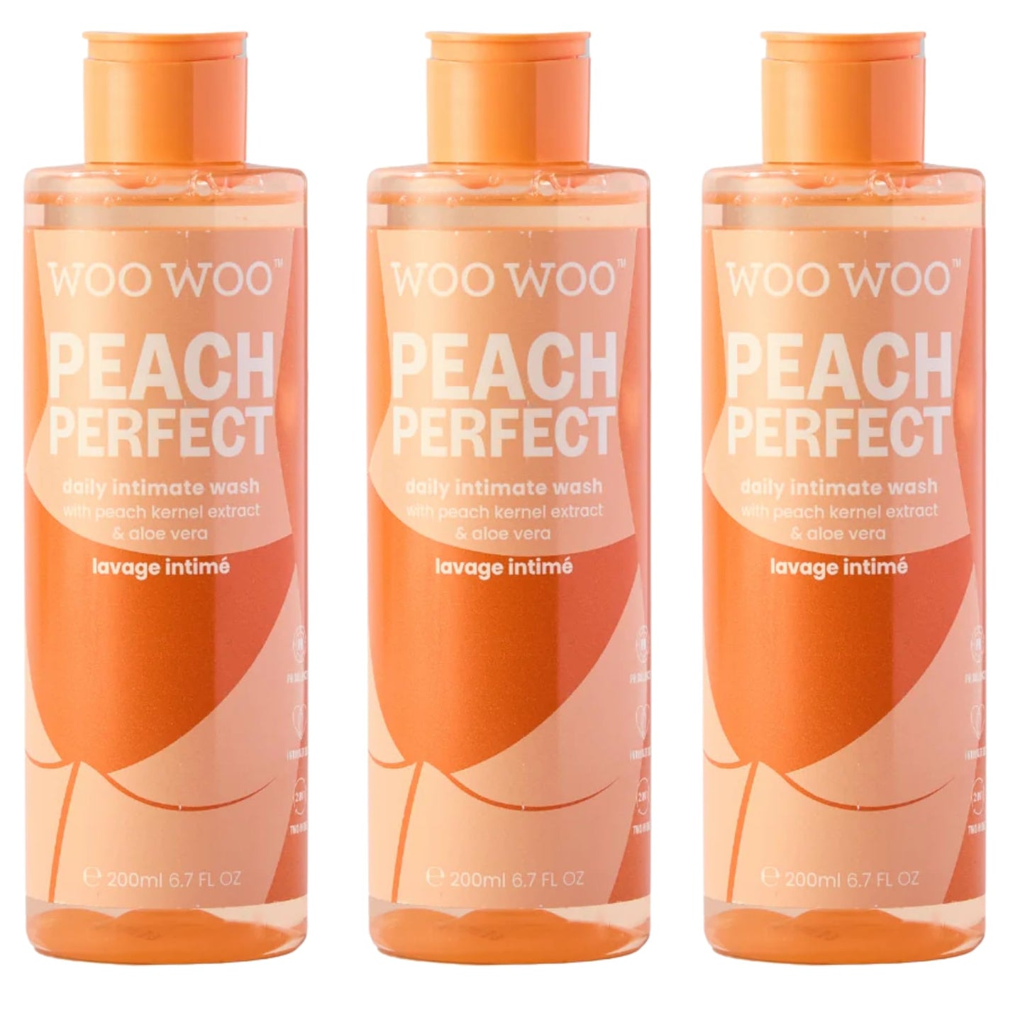 WooWoo Peach Perfect PH-Balanced Body and Intimate Wash, Gentle Daily Body Wash with Aloe Vera & Peach Kernel Extract - 200ml (Pack of 3)
