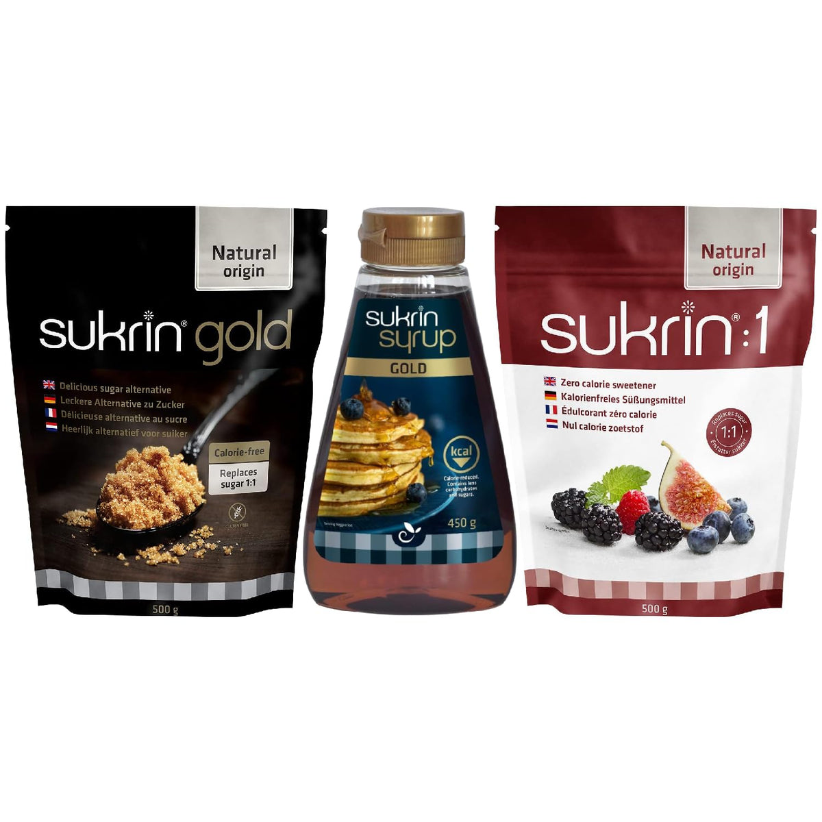 Sukrin Sweetener Bundle - Gold 500g, Sukrin:1 500g, Sukrin Syrup Gold 450g