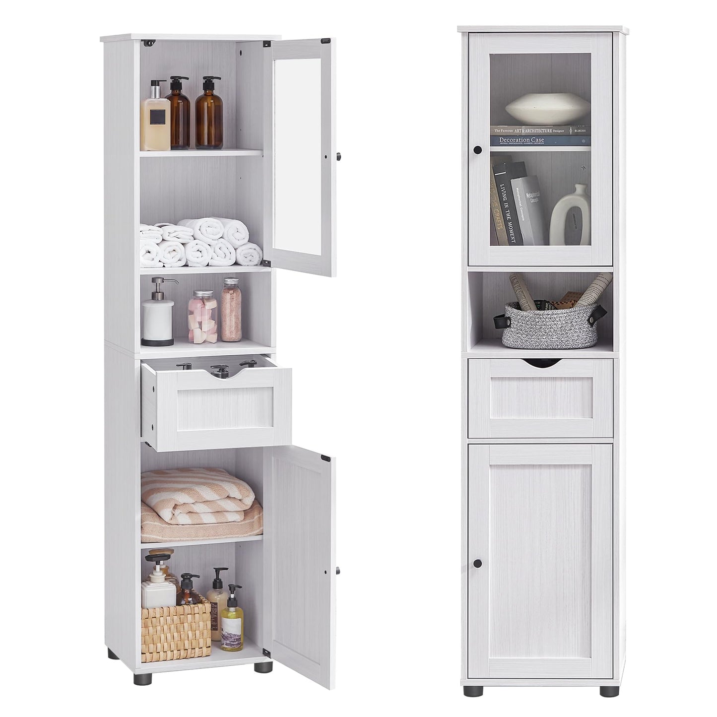 VASAGLE Tall Bathroom Cabinet Free Standing, Slim Bathroom Cupboard, with Open Shelf, Glass Door, Water-Resistant Feet, Height Adjustable Shelves,