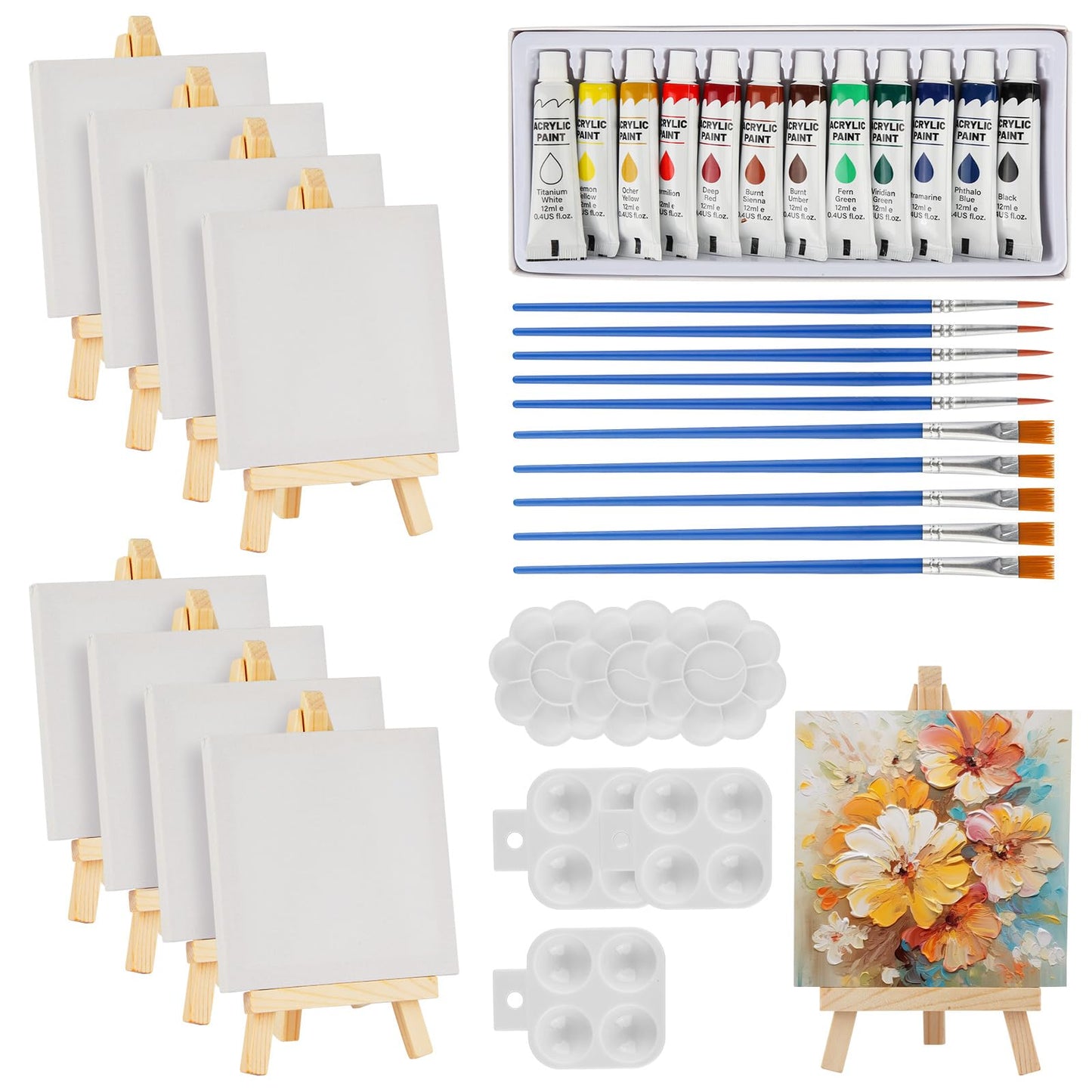 44 Pcs Mini Canvas and Easel, Small Canvas Painting Set Includes 4x4 Inches Canvases, Paint Brushes, Paint Palette and Acrylfarben, Wooden Mini Easels