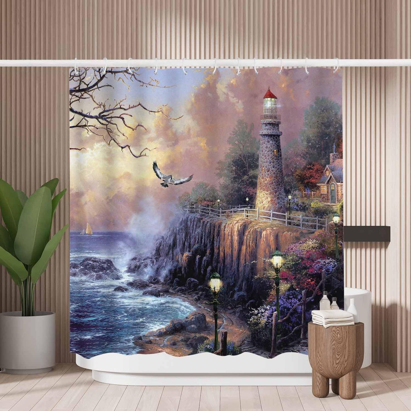 Woutay Shower Curtain Mould Proof Resistant Seaside Lighthouses and Cabins Painting,Water Repellant Fabric,Polyester,with 12 Plastic Hooks,Size