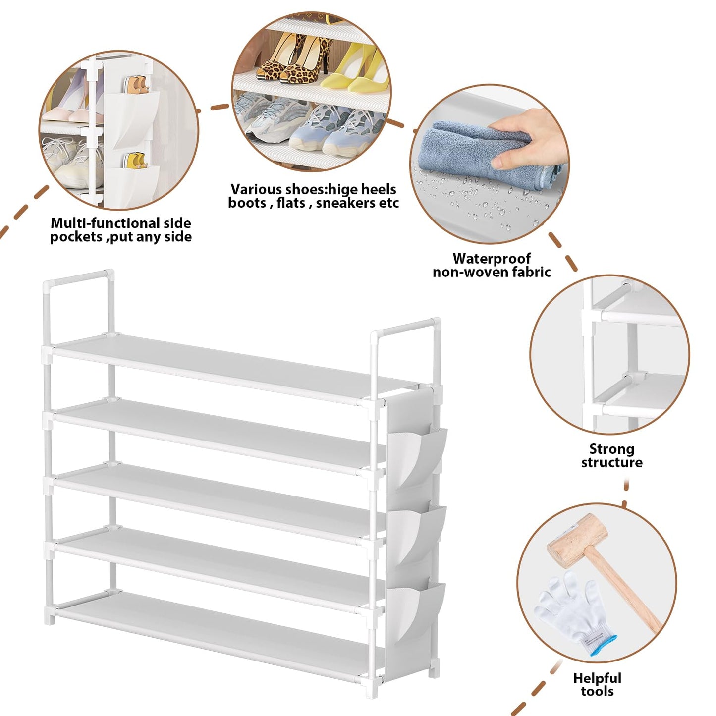 OYREL Shoe Rack 5 Tier 20-25 Pairs Shoes, Shoe Storage Large with Side Bag
