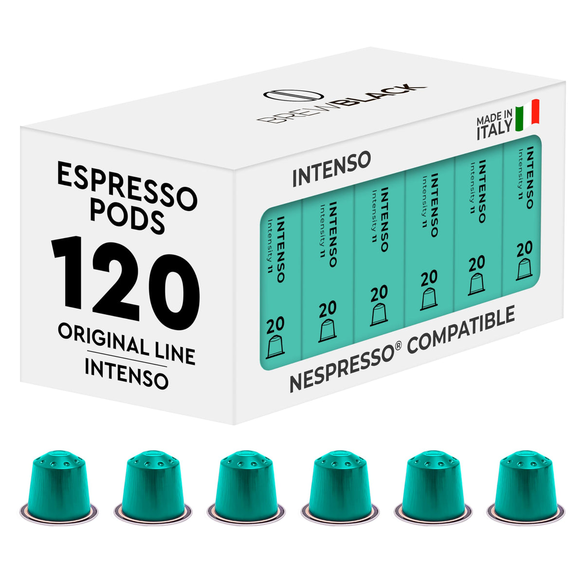 BrewBlack Intenso Coffee Capsules - 120 Aluminium Coffee Pods Compatible with Nespresso Original line, Dark Roast - Intensity 11/12, Made in Italy