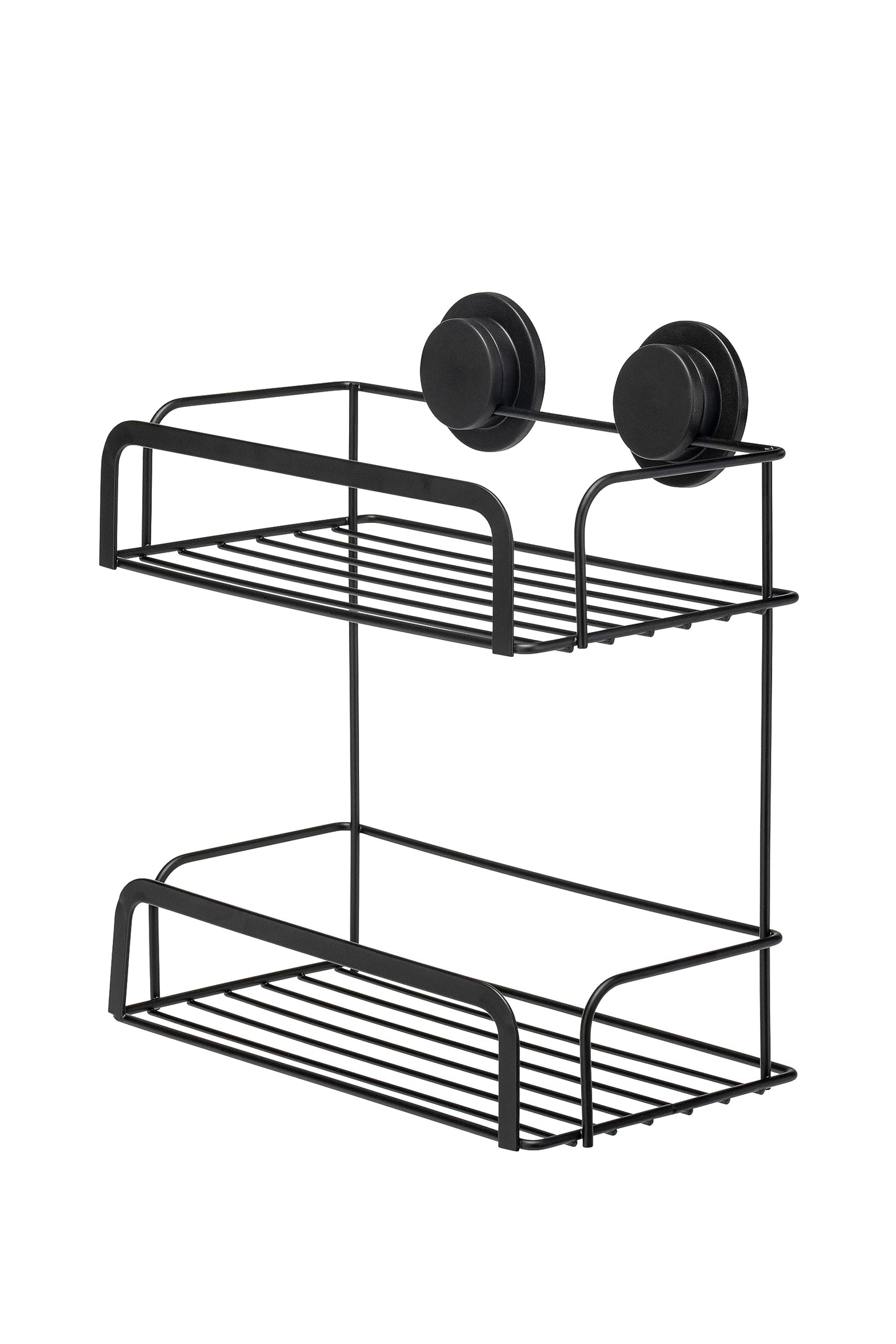 Croydex Stick 'N' Lock Two Tier Black Shower Caddy - Shower Shelf No Drilling Bathroom Storage Solution with Sticky Pad Easy-Clean 5 Year Rust-Free