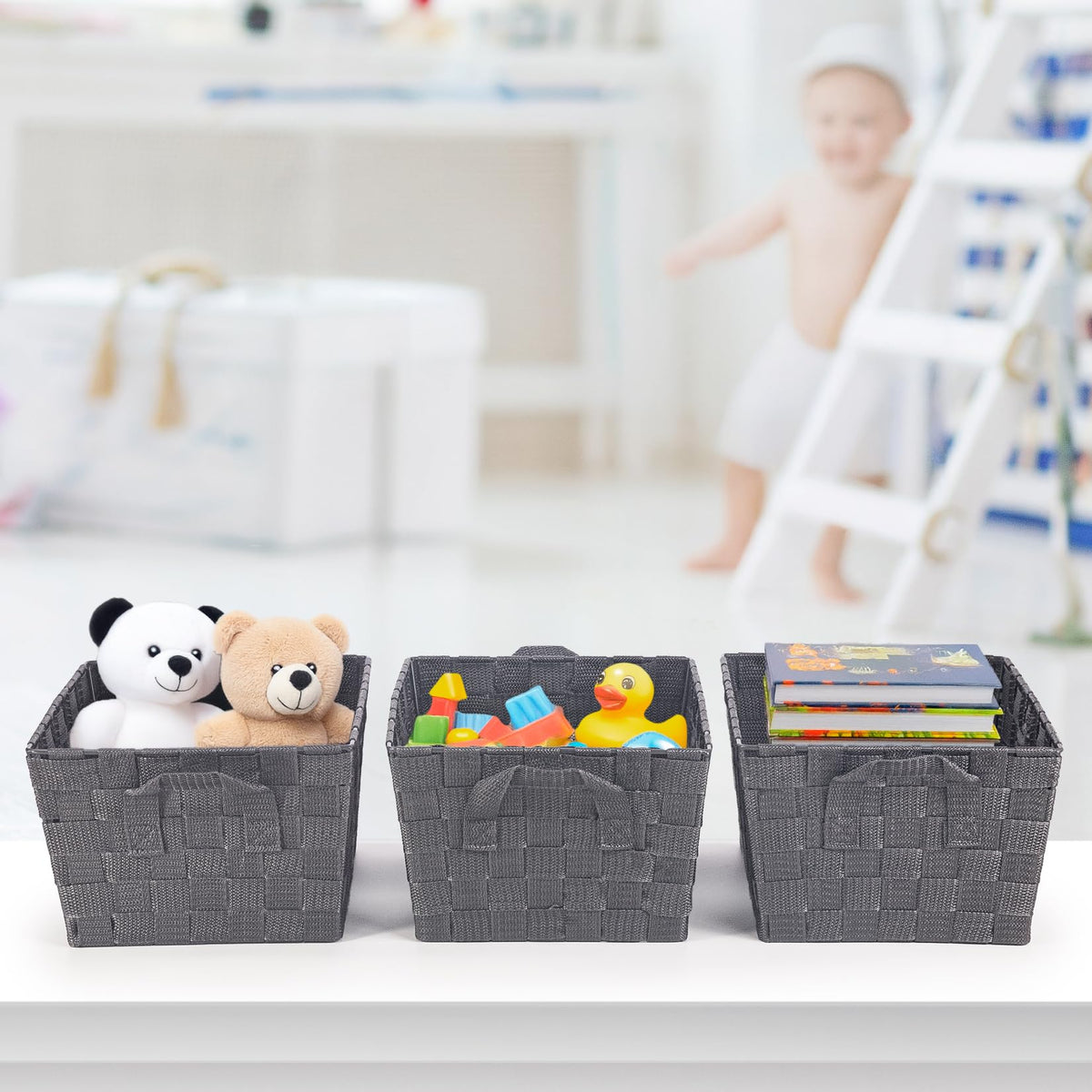 EHC Storage Baskets set of 3, Storage baskets for shelves, Storage Boxes Storage Organiser Hamper Basket, Grey