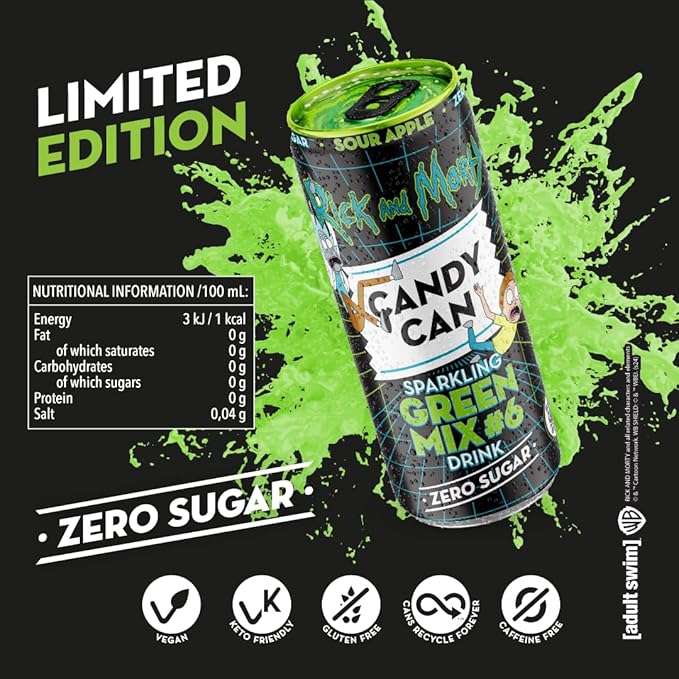 Candy Can, Rick and Morty, Green Mix, Sour Apple Flavoured Fizzy Drink, Nostalgic American Soda Flavours, Sugar Free, Sparkling Pop Can