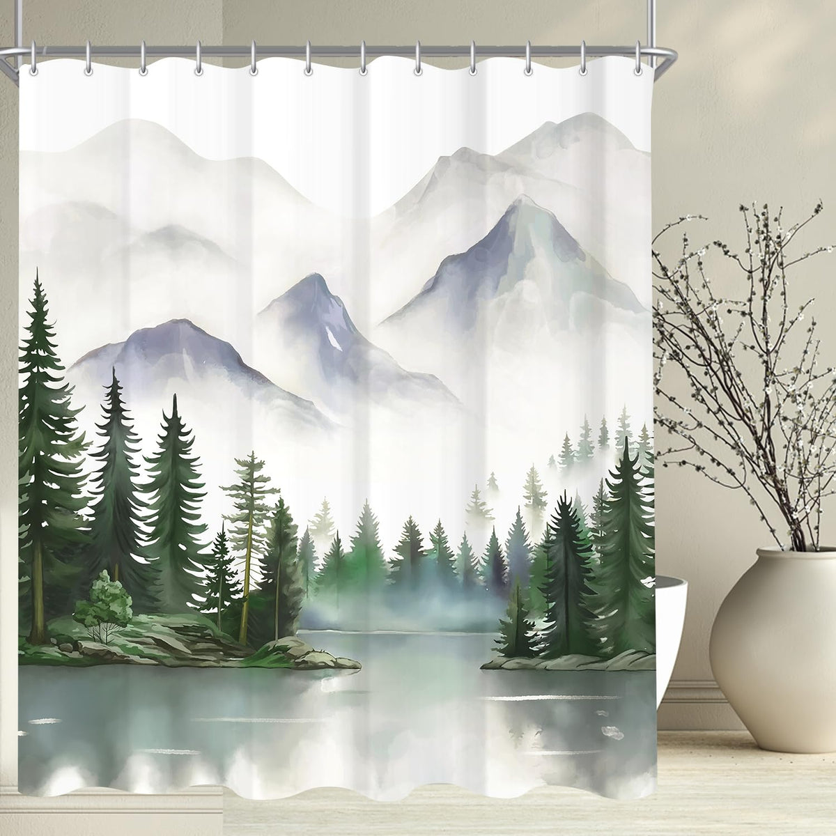 Lerores Shower Curtain, 180 x 200 cm, Mountains, Weighted Hem, Anti-Mould Textile, Water-Repellent, Washable Polyester Fabric Bath Curtains for