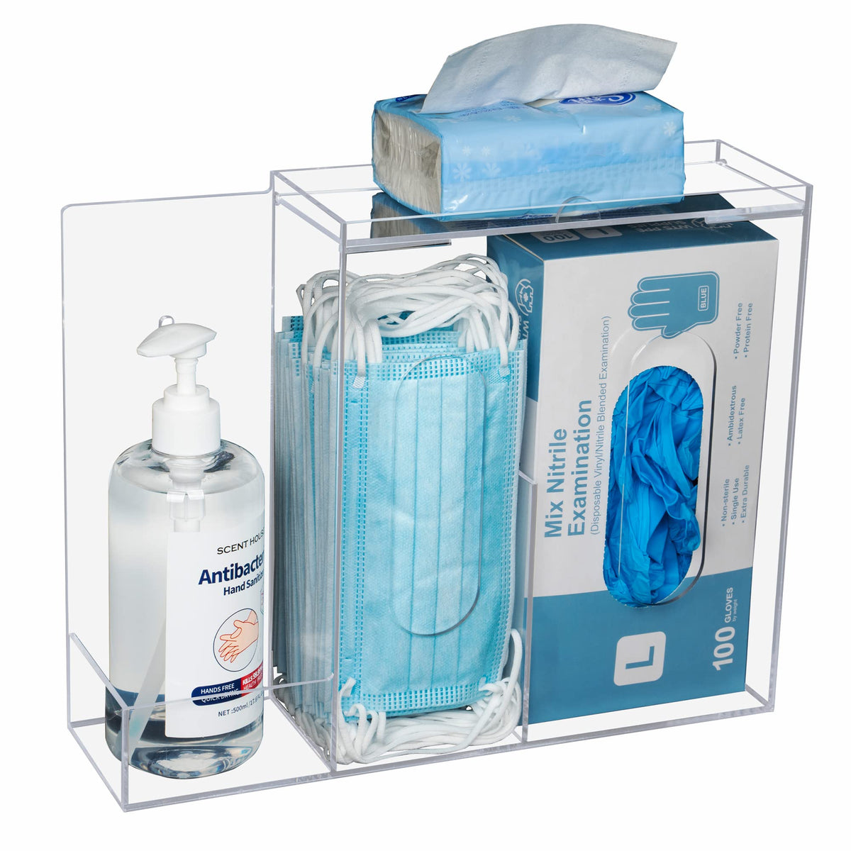 KOEMEHR Glove Box Holder with 3 Compartment, Acrylic Face Mask and Glove Holder Dispenser for Hair Nets, Shoe Cover, Hand Sanitizer Gel and Tissue