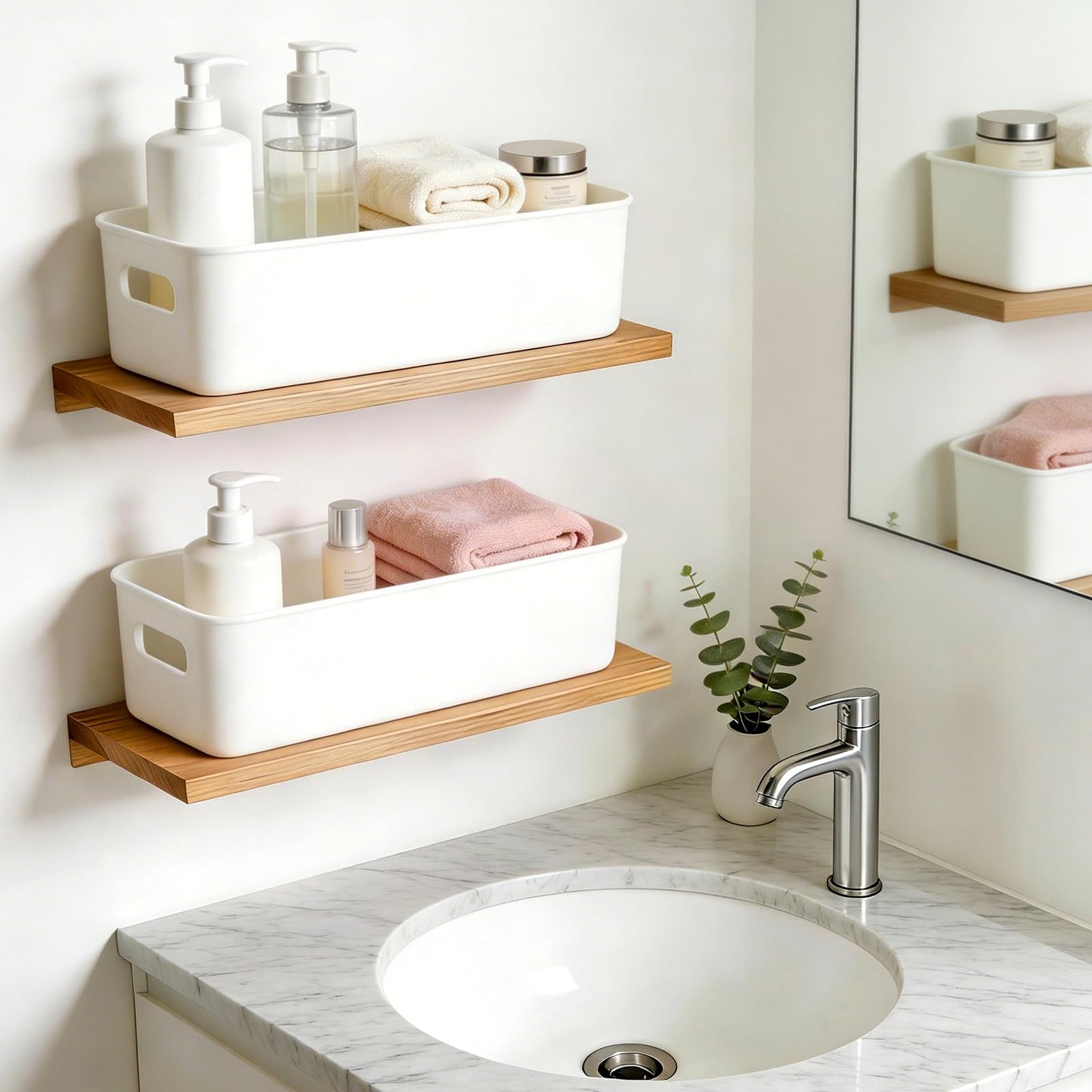 QUMENEY 4 Packs Narrow Plastic Storage Boxes with Lids White Shelf Baskets