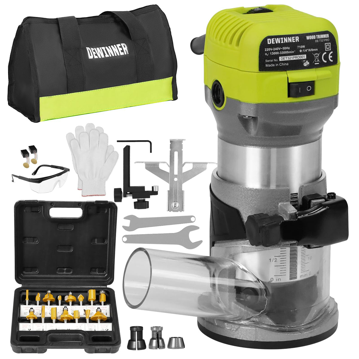 DEWINNER Electric Palm Router Tool, 710W Compact Wood Trimmer with Metal Base, 6 Variable Speeds Router for Woodworking, Trimmer Router with Storage