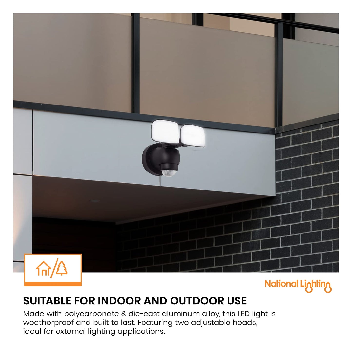 National Lighting Twin LED PIR Floodlight - IP44 Rated Outdoor Security Lights with Motion Sensor - Mains Powered Flood Lights Adjustable Double Head