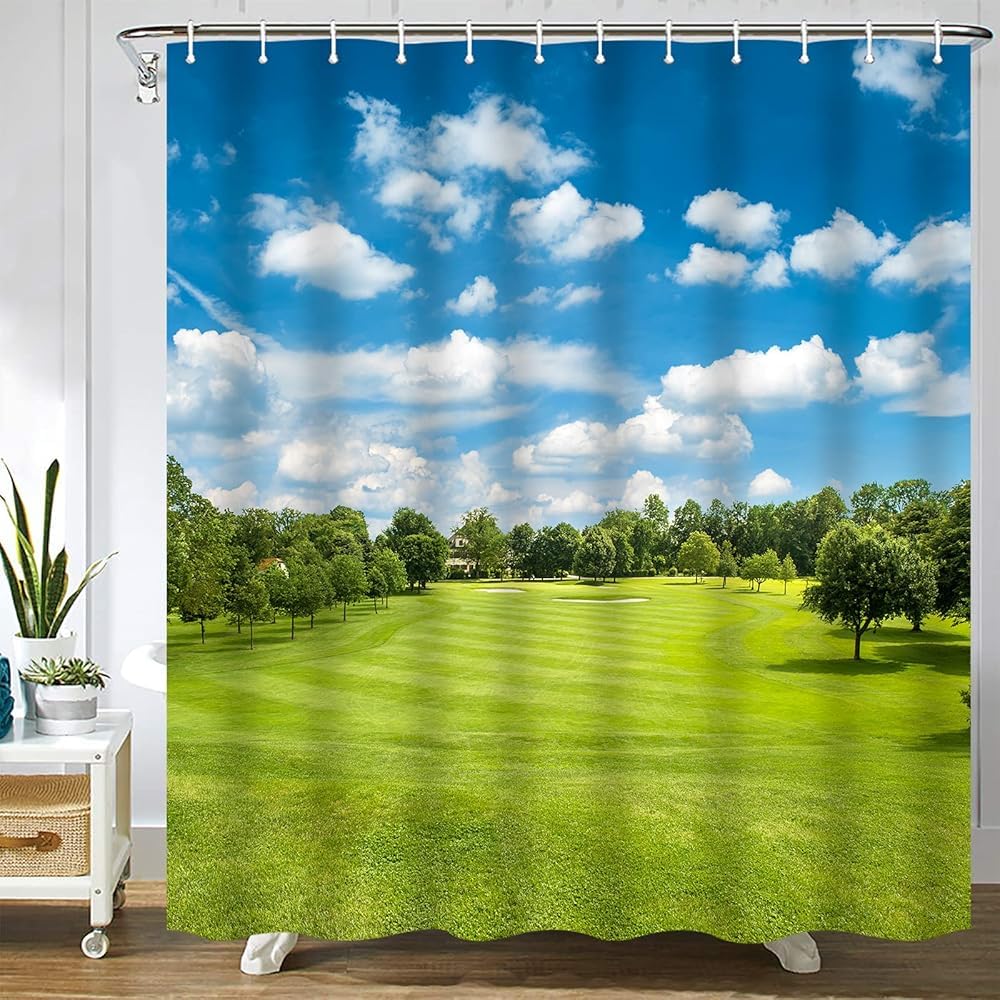 GardEssere Green Golf Field Shower Curtain with 12 Hooks Golf Course Blue Cloudy Sky Shower Curtains for Bathroom Grassland Great Lawn Bathroom Decor
