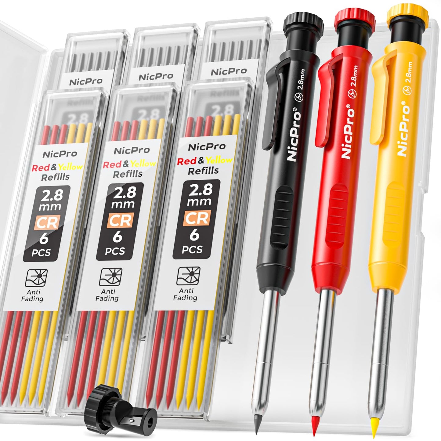 Nicpro 3 Pack Carpenter Pencil with Sharpener, Mechanical Carpenter Pencils with 39 Refills, Deep Hole Marker Construction Carpentry Pencils,