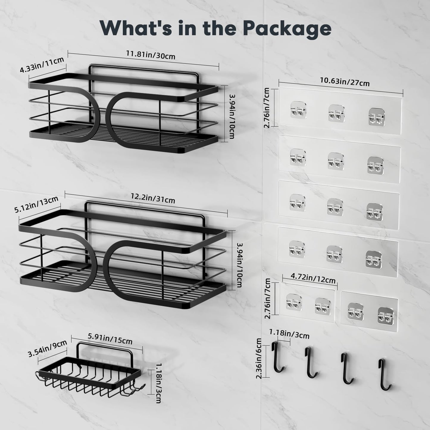 Adurei Shower Caddy 3 Pack with Soap Holder No Drill Wall Mounted 304 Stainless Steel Durable Large Capacity Adhesive Shower Rack Organiser Quick Dry