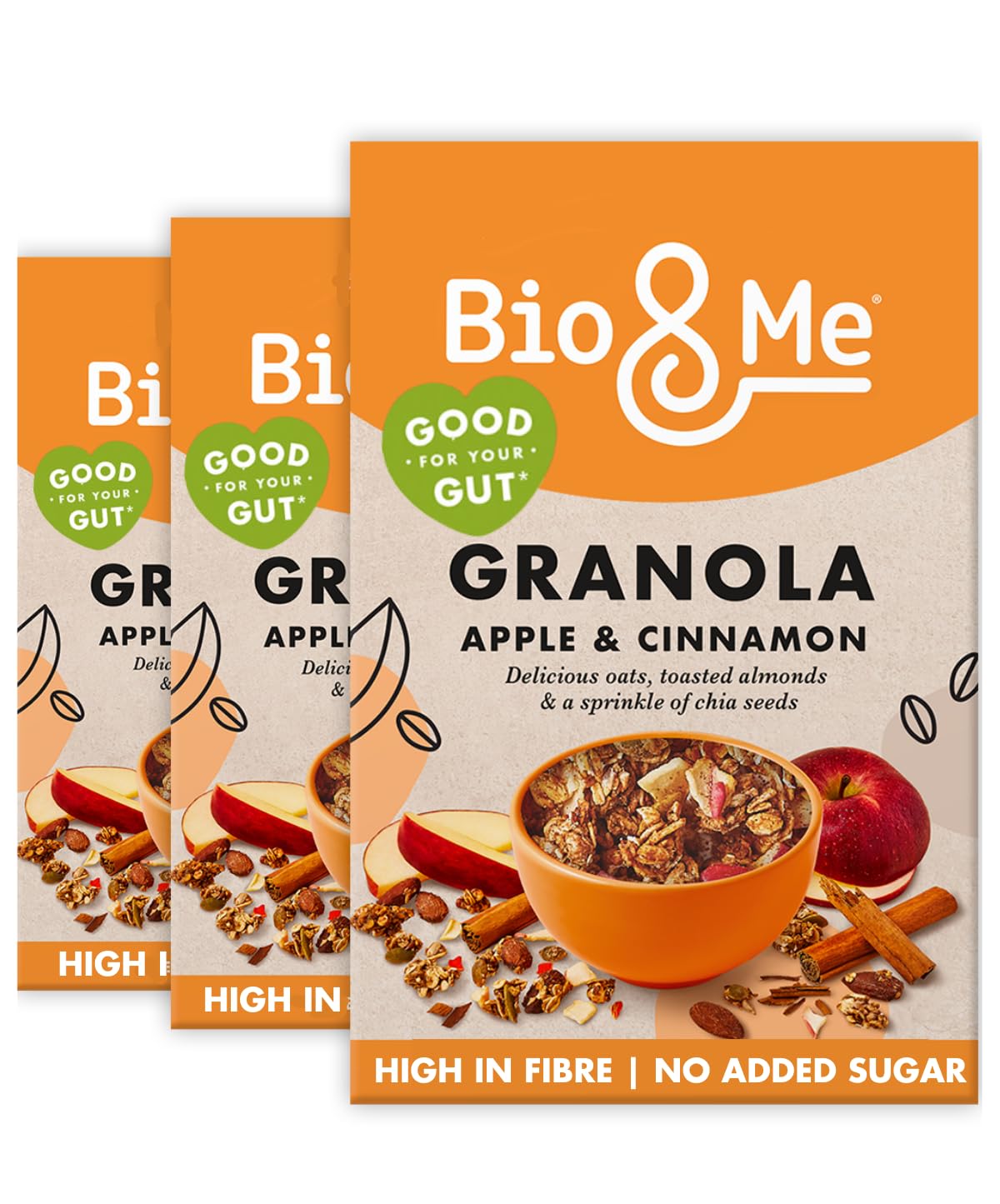 Bio&Me Apple and Cinnamon Granola 3-Pack (3 x 360g) ? Vegan, High Fibre, No Added Sugar, Gut-Loving Breakfast Cereal