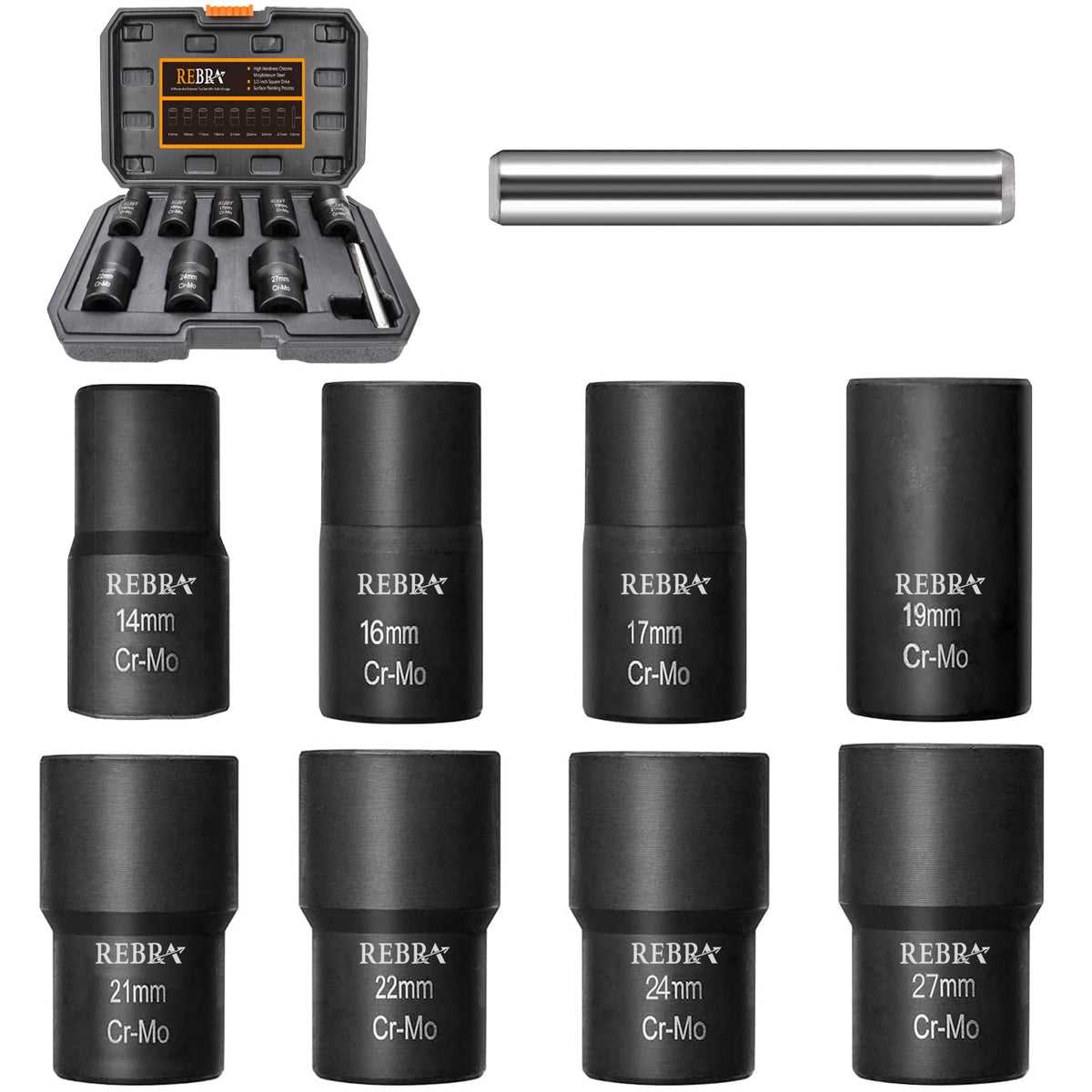 Nut Bolt Extractor Set with Center Punch Bar, Easy Out Lug Nuts Remover Socket Set Tool for Stripped, Damaged, Rounded-Off, Rusted Bolts&Nuts 1/2