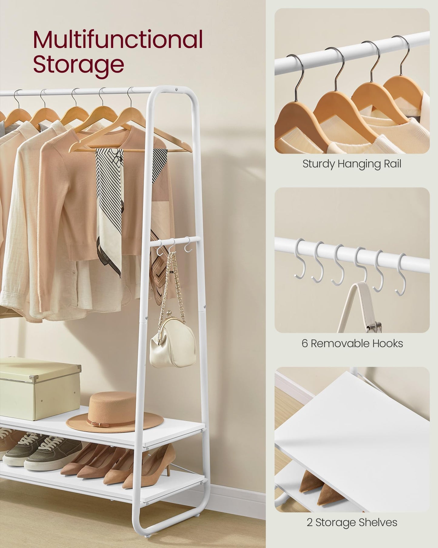 VASAGLE Clothes Rail, Clothes Rack with 2 Shelves, 6 S-Shaped Hooks, Steel Frame, for Bedroom, Cloud White and Matte White RGR112W02