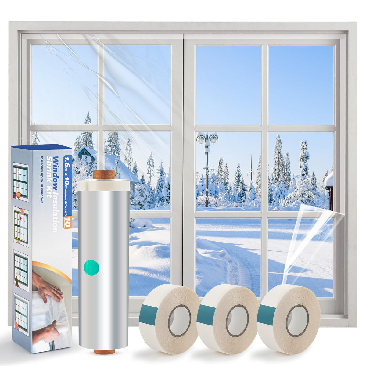 Window Insulation Kit ? Clear POF Shrink Film 1.6m x 10m with 3 Rolls Double-Sided Tape | Draught Excluder for Winter, Reduces Heat Loss &