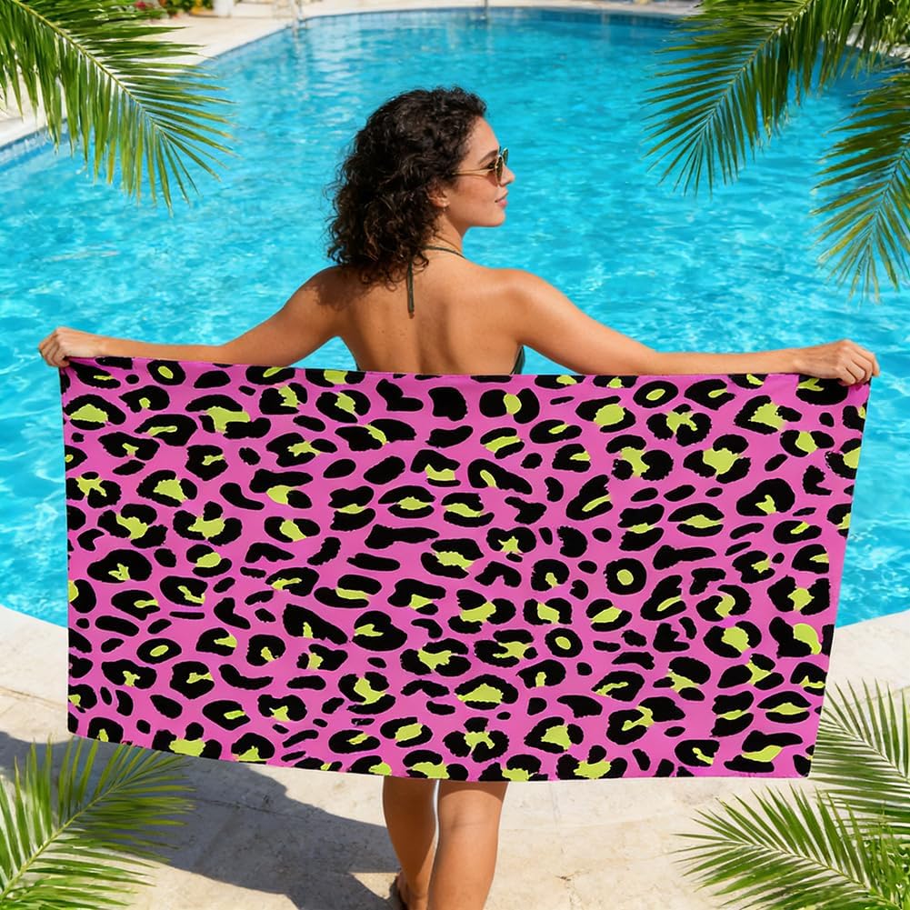 JynxtoyZeal Pink Leopard Print Microfibre Beach Towel,Quick Dry Towel,Absorbent Lightweight Sand Free Towel for Travel, Swimming, Camping