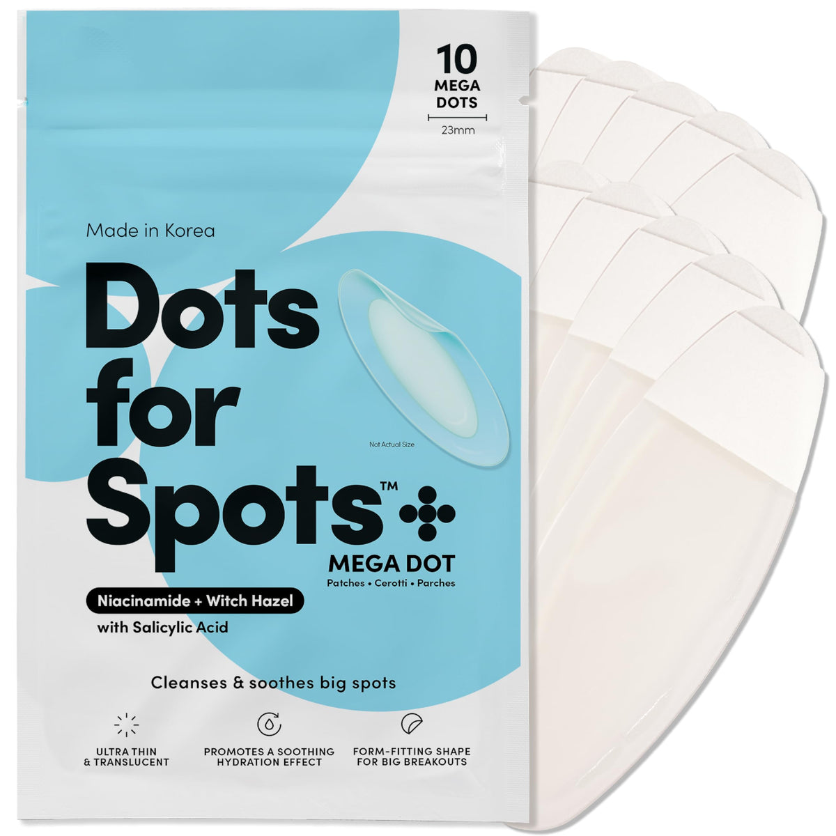 Dots for Spots Mega Pimple Patches - Pack of 10 Fast Acting Spot Treatment Stickers Infused With Niacinamide and Salicylic Acid - Perfect For Back,