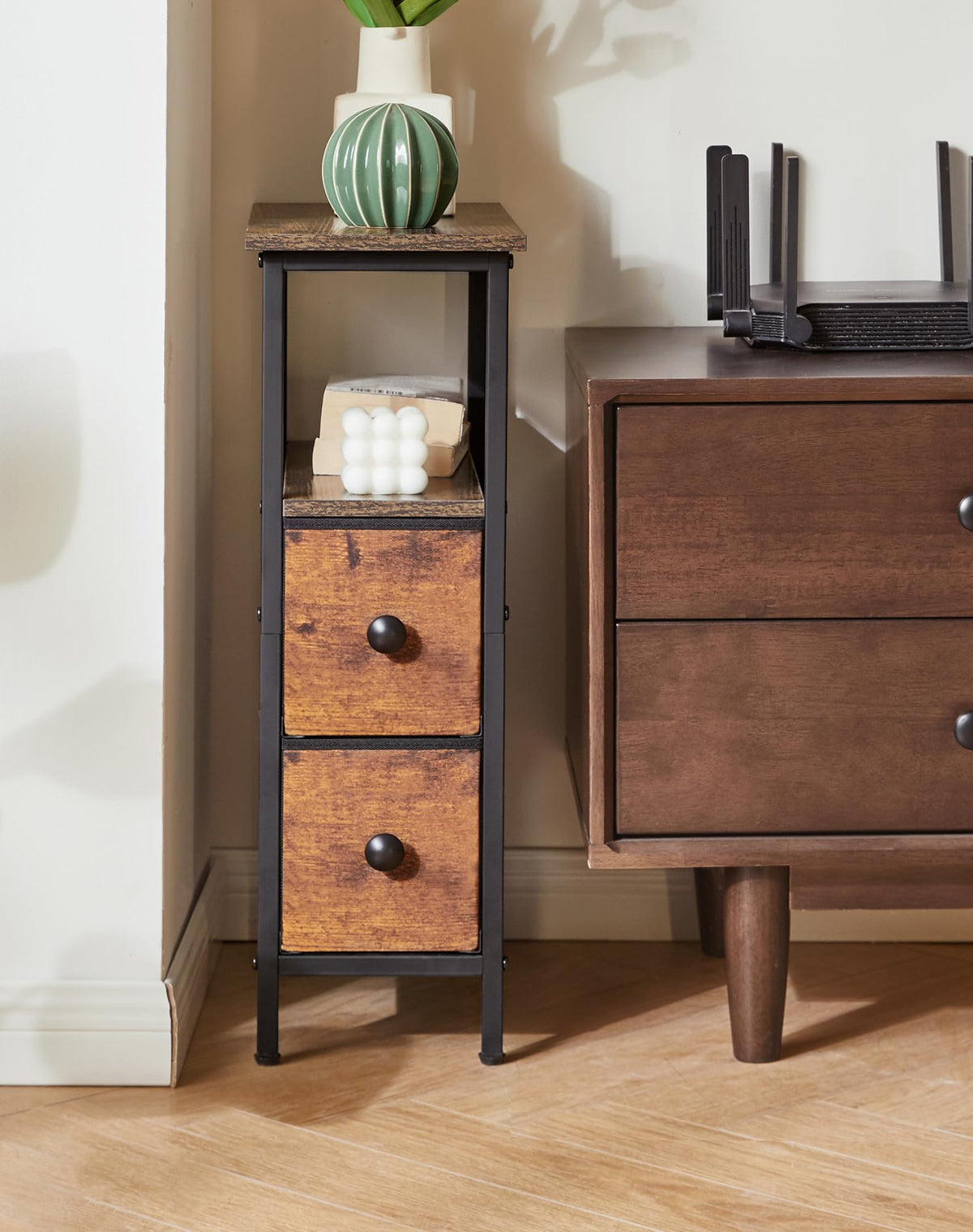 YMYNY Narrow Side Table Set of 2, Slim Bedside Table with 2 Fabric Drawers, Nightstand for Small Spaces