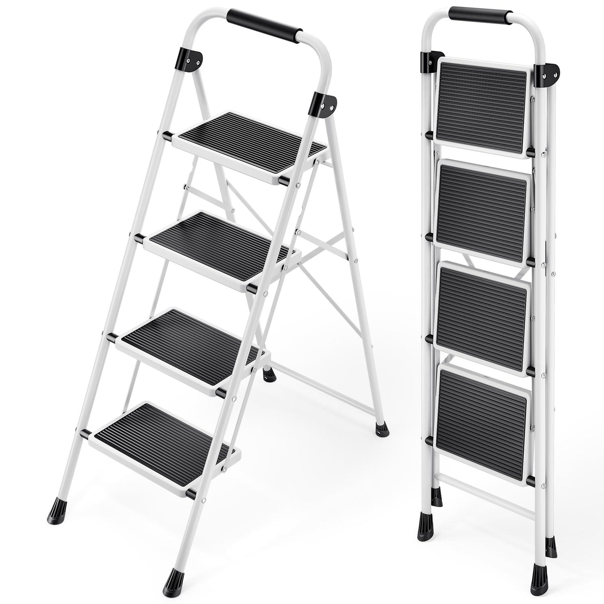 KINGRACK Step Ladder, Folding Ladder with Non-Slip and Wide Pedal, Folding Step Stool for Adults, Lightweight and Portable Step Ladder (White, 4 Steps