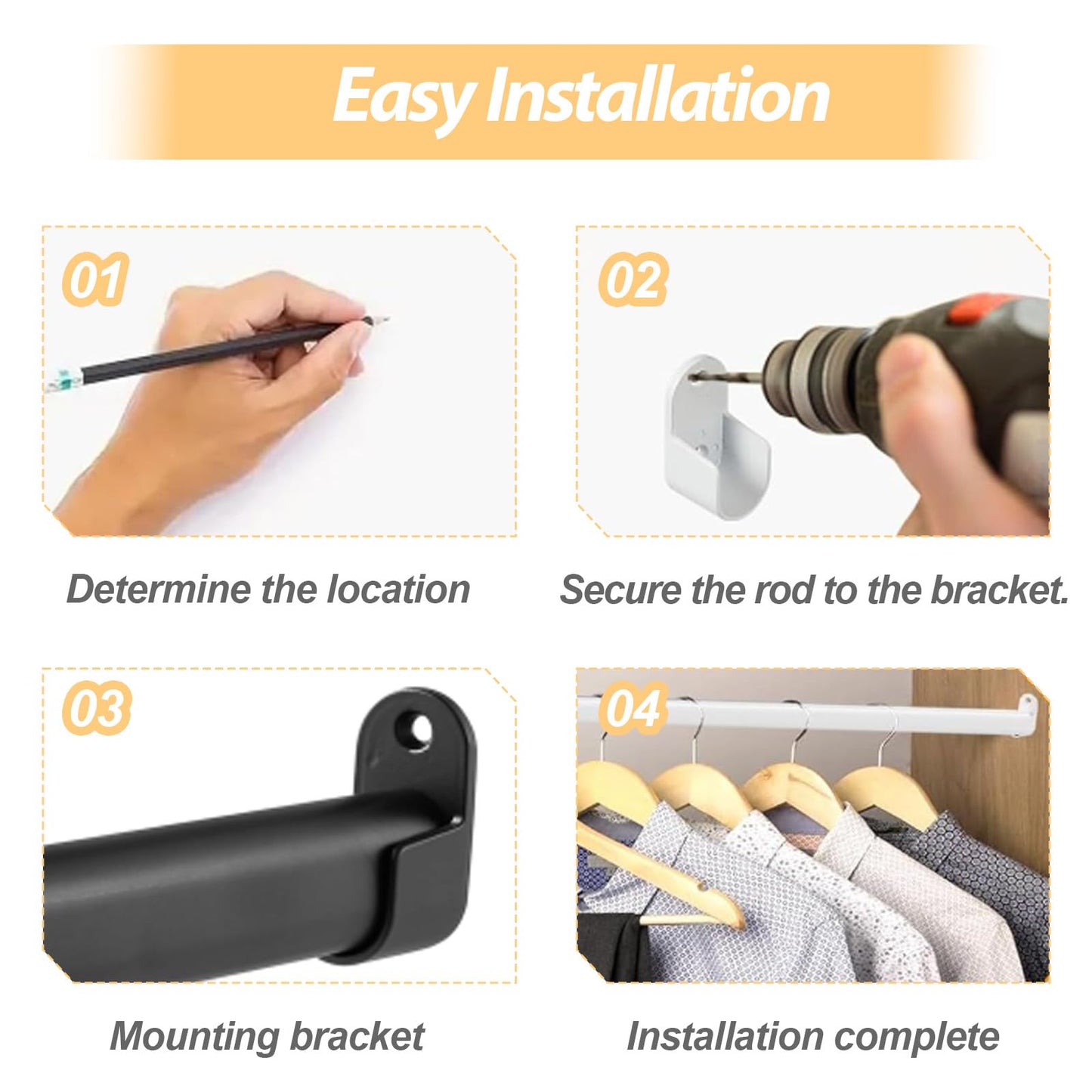 Adjustable Pole For Wardrobe, Heavy Duty Hanging Rail Wall Mounted with 2 Brackets, Stainless Steel Clothes Rail Wall Mounted