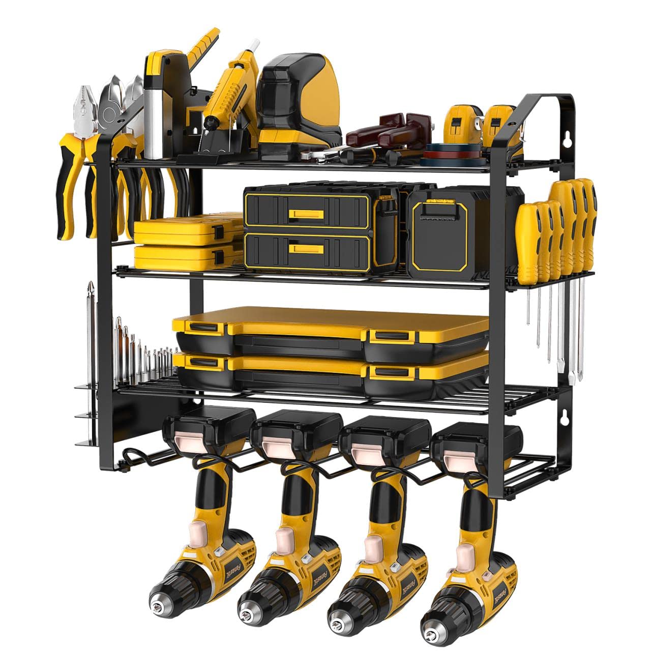 Mutool Power Tool Organizer Storage Rack Wall Mount Drill Holder for 4 Power Drill Tools, Mesh anti-drop design, Tool Shelving with Side Screwdriver