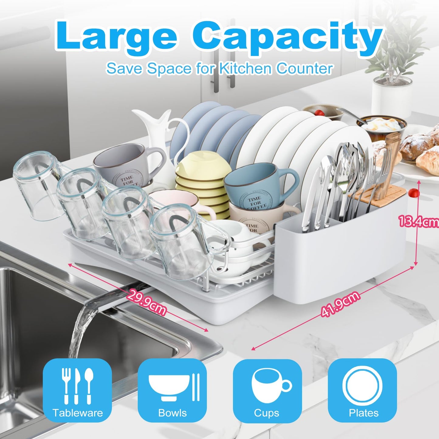 BRIAN & DANY Aluminum Dish Drying Rack, Dish Drainer with Removable Cutlery Holder & Cup Holder, Unique 360 Swivel Spout Drain Board, Grey
