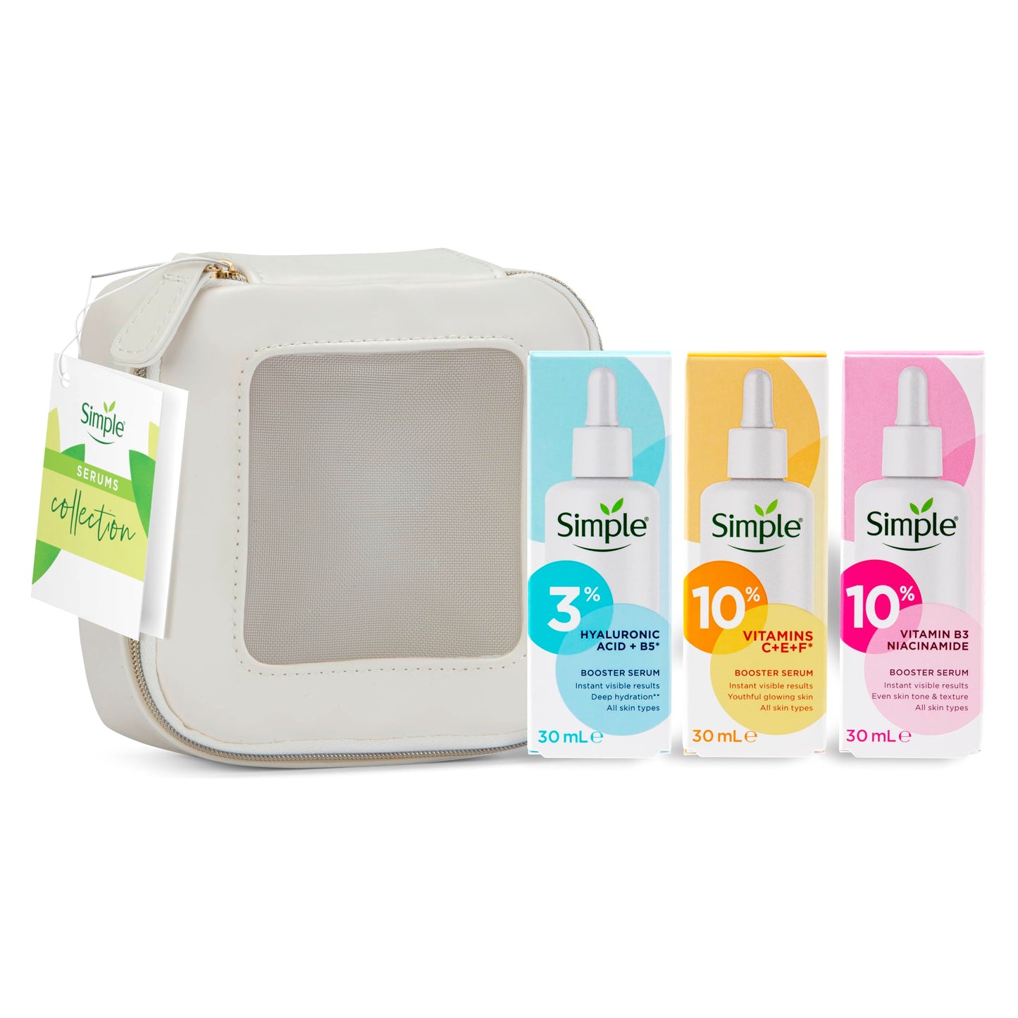 Simple Booster Serum Collection 3 piece Gift Set with a small Travel Beauty Bag