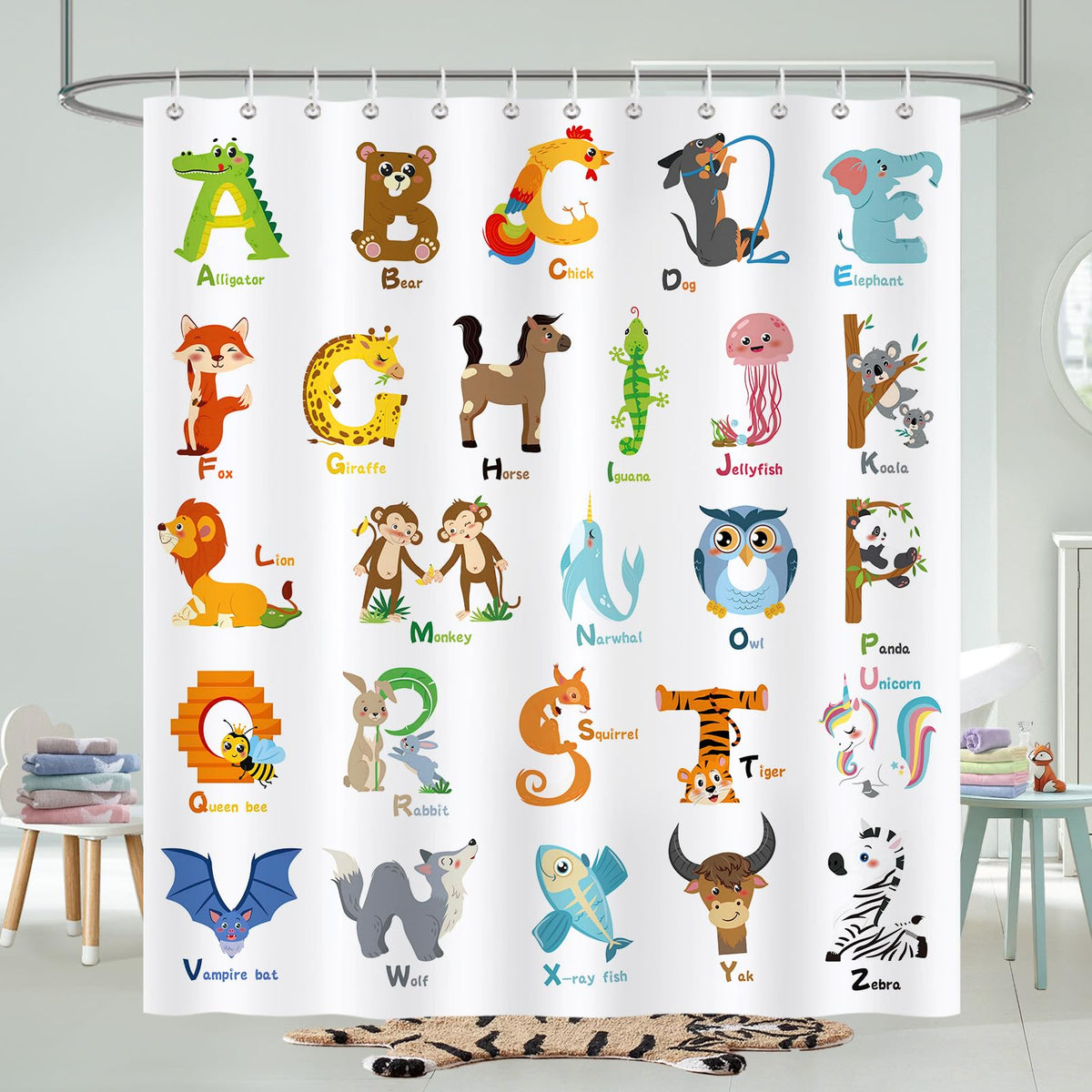 COZZSNUGE Kids ABC Shower Curtain, Colorful Cartoon Animal Alphabet Educational Bathroom Curtain 183 x 183 cm, Water Repellent Mildew Resistant