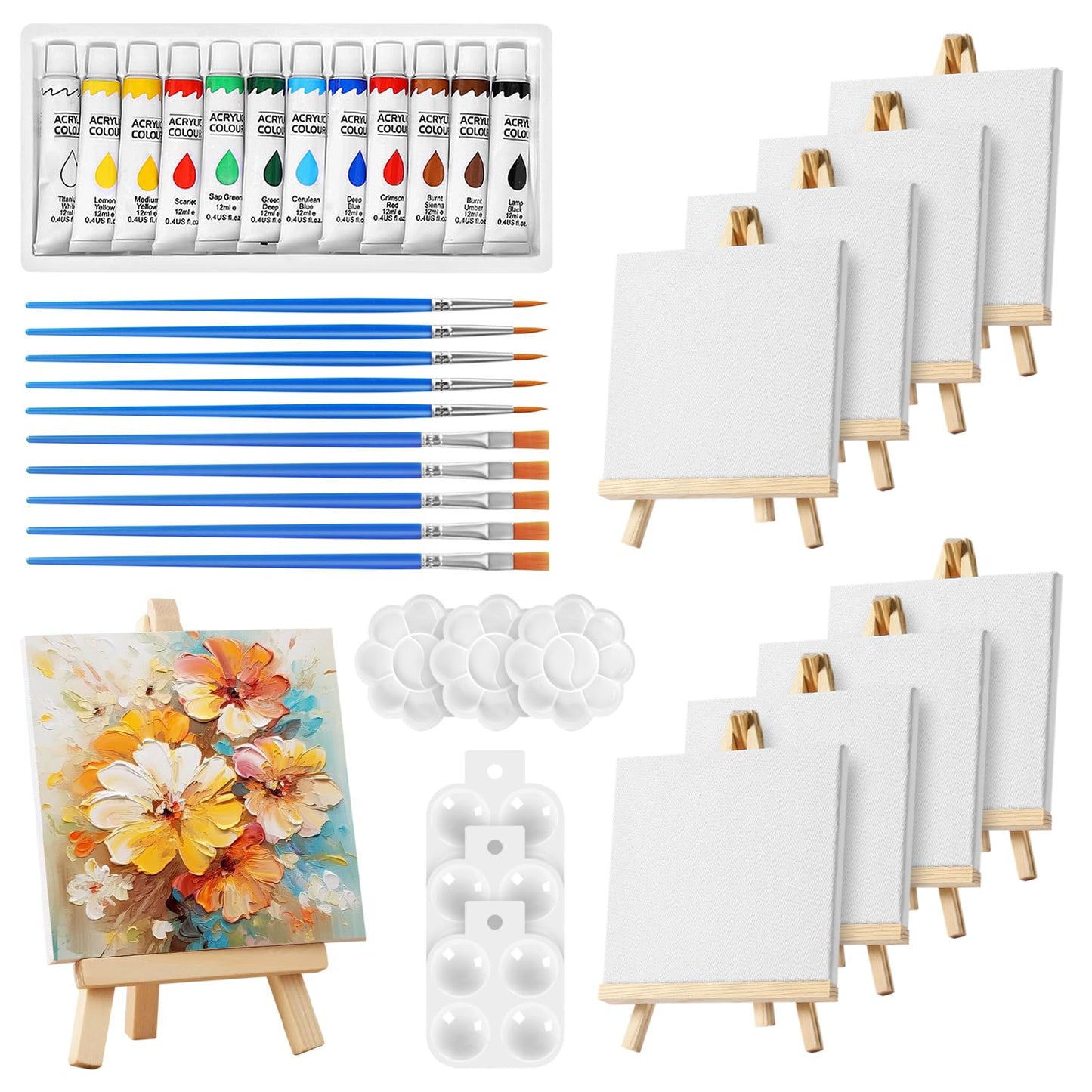 Obidodi Mini Canvas and Easel Set, 44 Pcs Painting Set Includes 4x4 Inches Canvas, Wooden Mini Easel, Acrylic Paint, Brushes and Palette for Kids, Sip