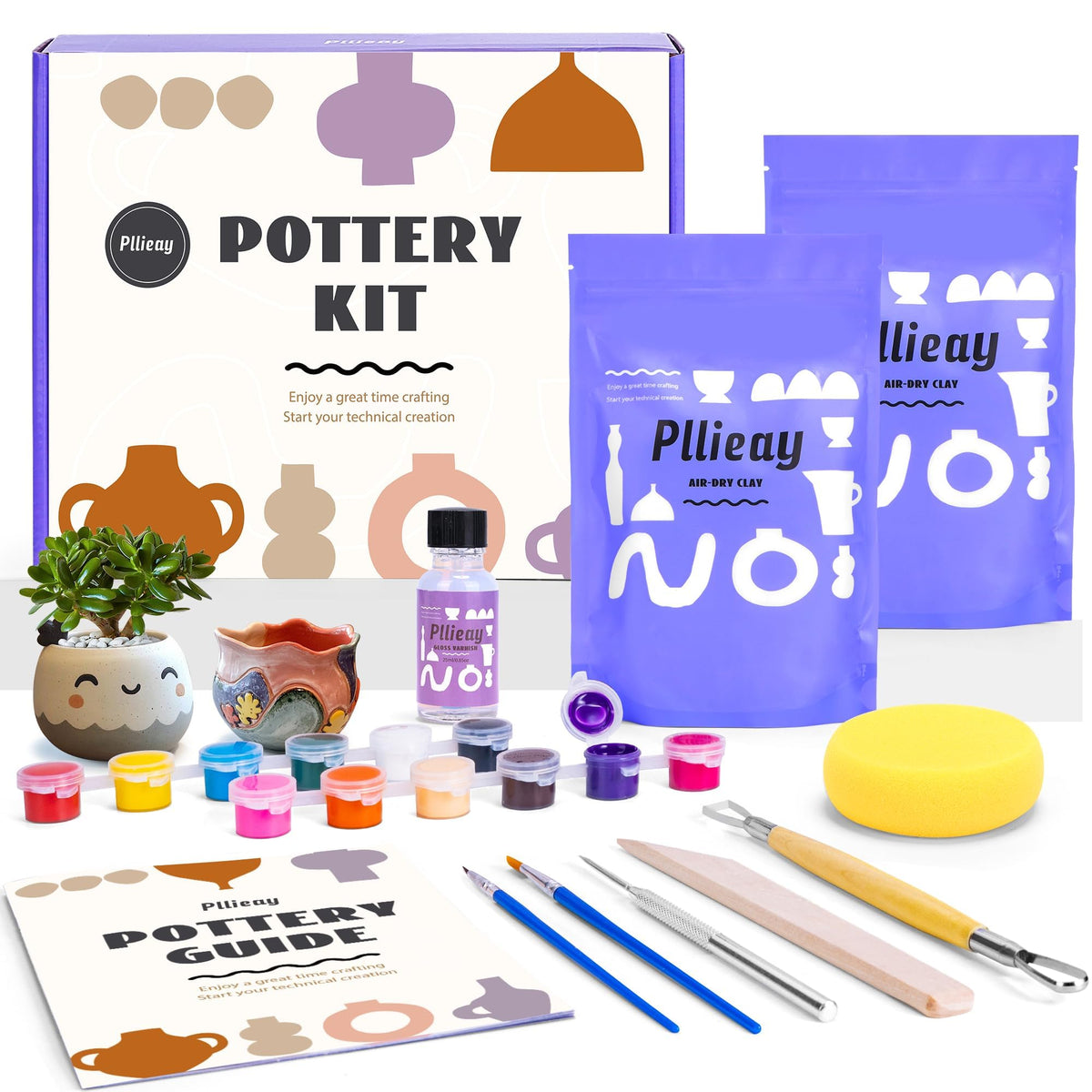 Pllieay Pottery Kit for Adults Air Dry Clay Kit Pottery Starter Kit for Beginners Pottery Painting Kit Includes Sculpting Tools, Varnish, Paint