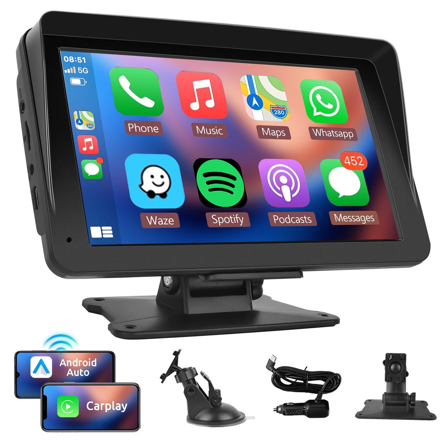 Rimoody Wireless CarPlay Screen Portable Car Radio Android Auto Screen, 7 Inch Touchscreen Bluetooth AirPlay Portable Car Radio with FM Transmitter