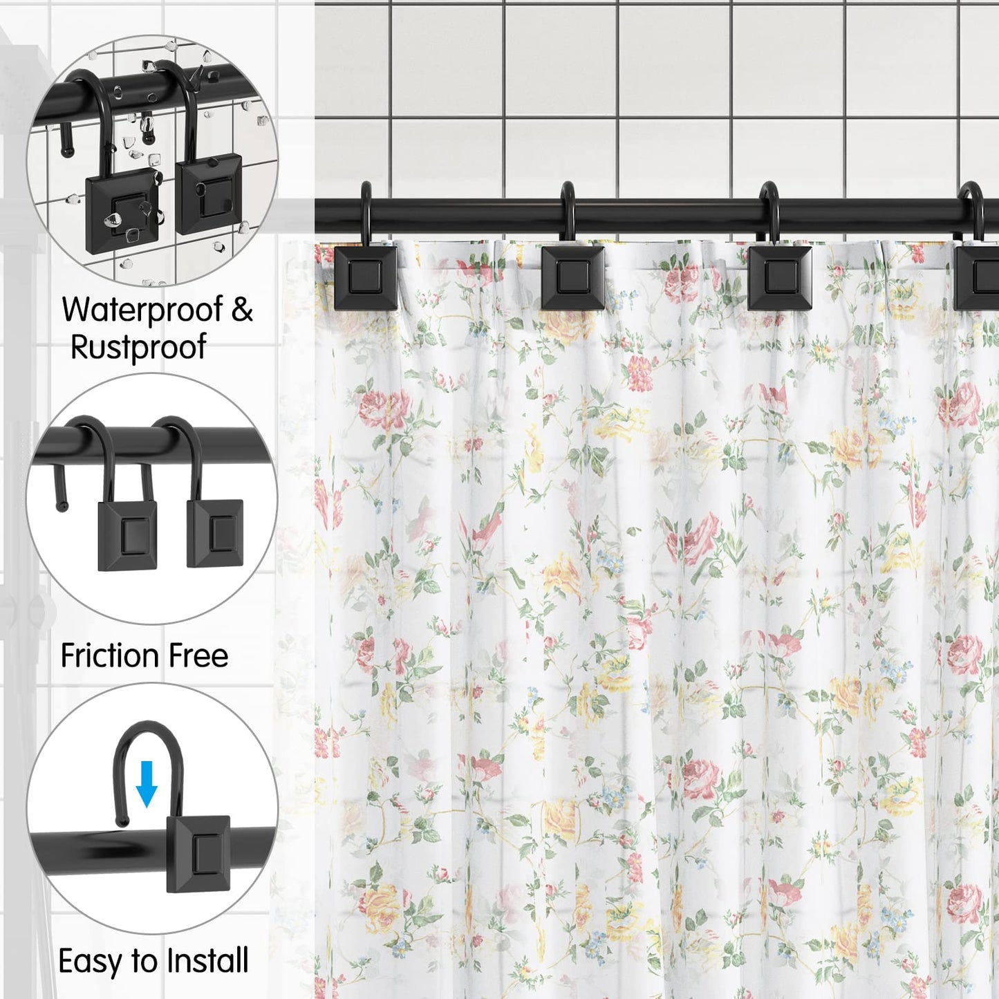 GILLAS 12 Black Zinc Shower Curtain Hooks Rings Square