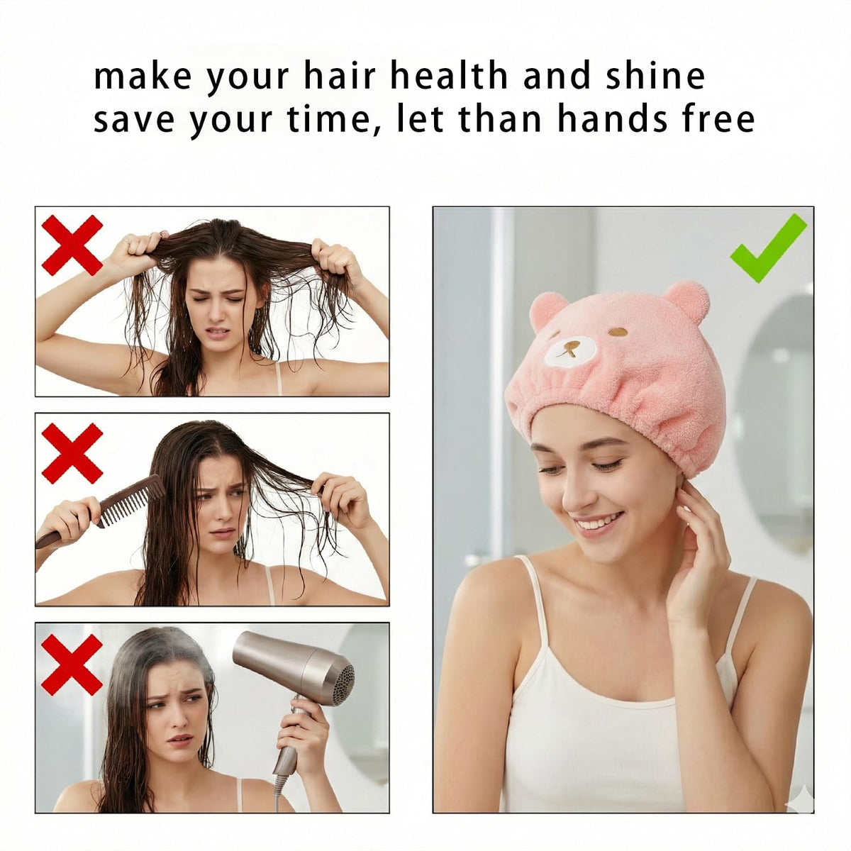 wellrun 2 Pcs Hair Drying Caps,Soft Coral Velvet Towel with Cute Bear Embroidery,Quick Dry Absorbent Hair Wrap for Wet Hairs,Bath Towel for Girls and