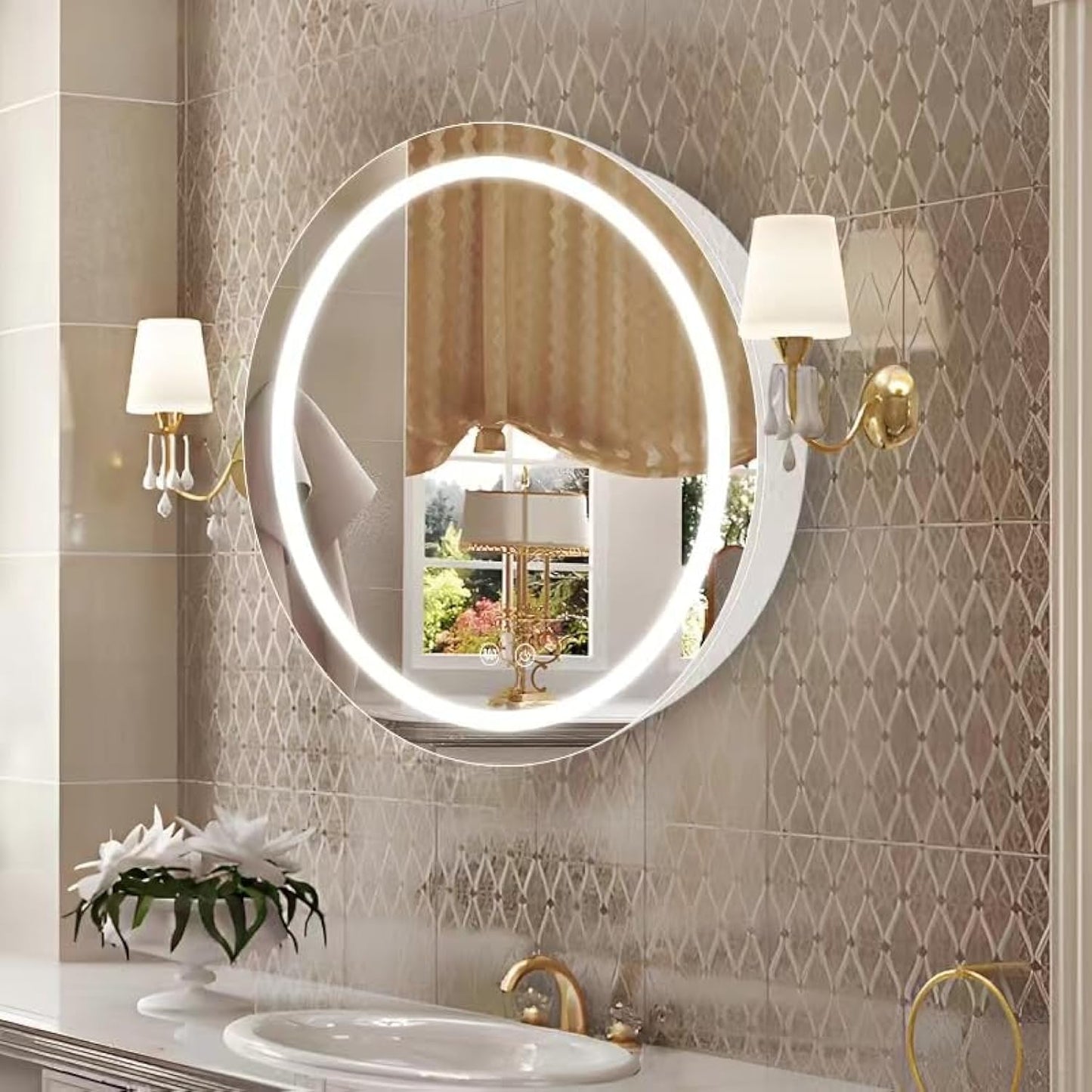 Janboe 66cm Round Mirror Cabinet with Lights,with Defogger,Dimmable,Anti-Fog,3 Colors,White