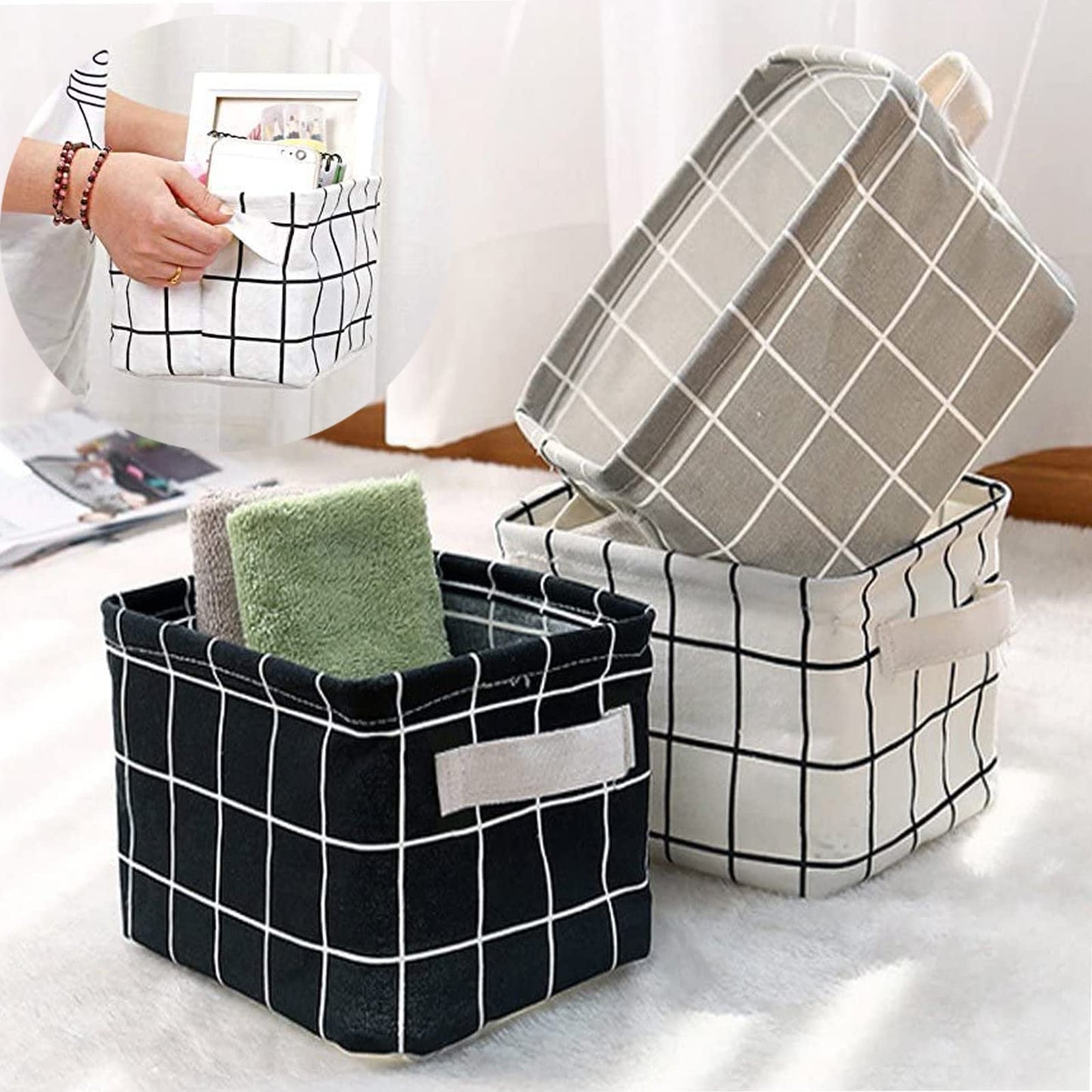 JEOPKO 4 Packs Fabric Storage Basket Organizer with Handles, Foldable Waterproof, Small Baskets and Household Square Mini Box, box.