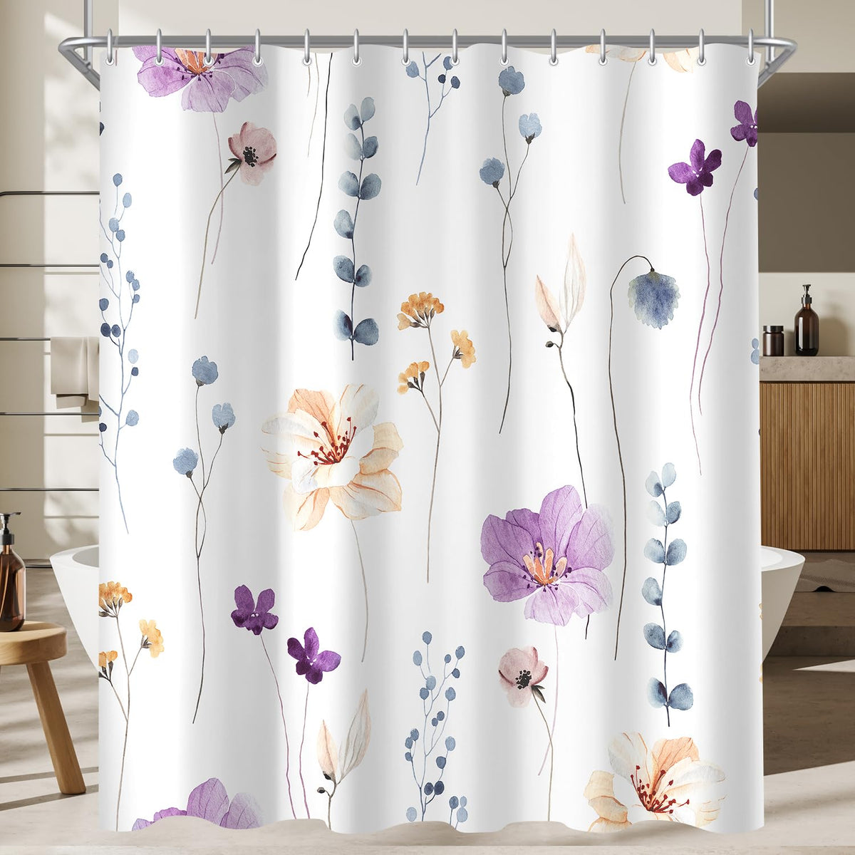 Lerores Shower Curtain, 200 x 200 cm, Purple Flower, Weighted Hem, Anti-Mould, Water-Repellent, Washable Polyester Bath Curtains with 12 Eyelets and