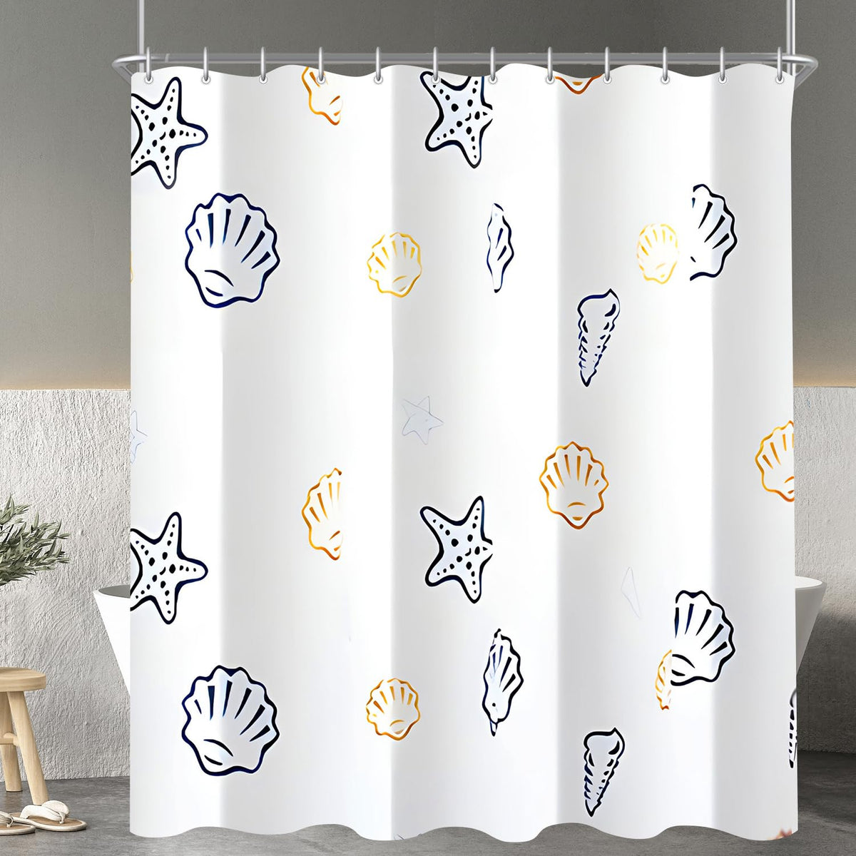 Lerores Shower Curtain, 240 x 200 cm, Small Ocean Star, Weighted Hem, Anti-Mould, Water-Repellent, Washable Polyester Fabric Bath Curtains with