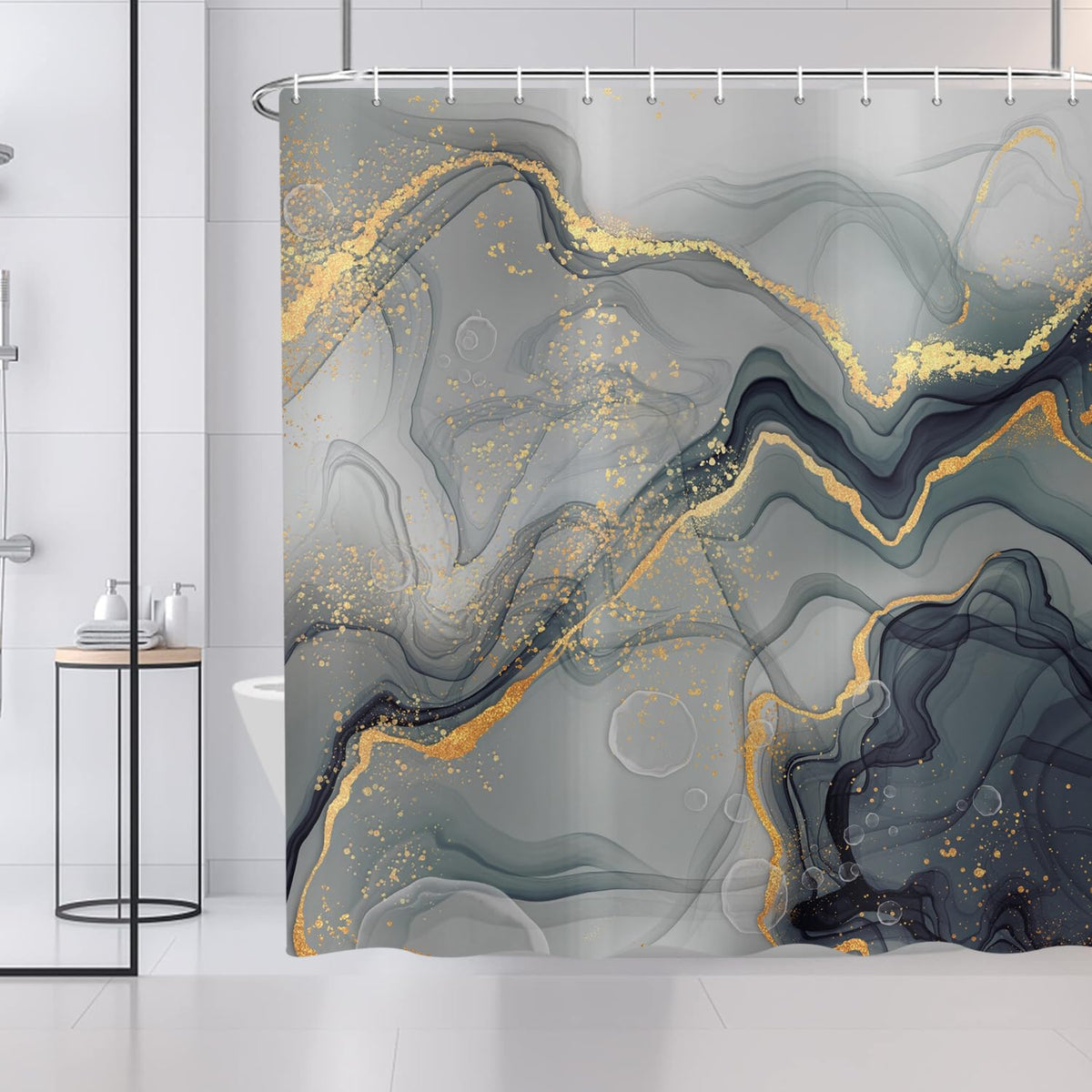 ASDCXZ Shower Curtain Marble 180x200 cm, Modern Abstract Grey Gold Cyan Marble Optic Texture Washable Bath Shower Curtains Polyester Textile