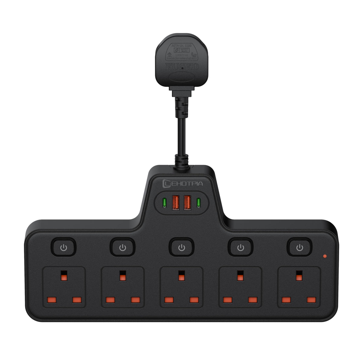 LEHOTPIA Power Strip Extension Lead Socket 5 Way with Flexible Plug, Extension Lead with Two Usb Slots with Individual Switches, Short Small Extension
