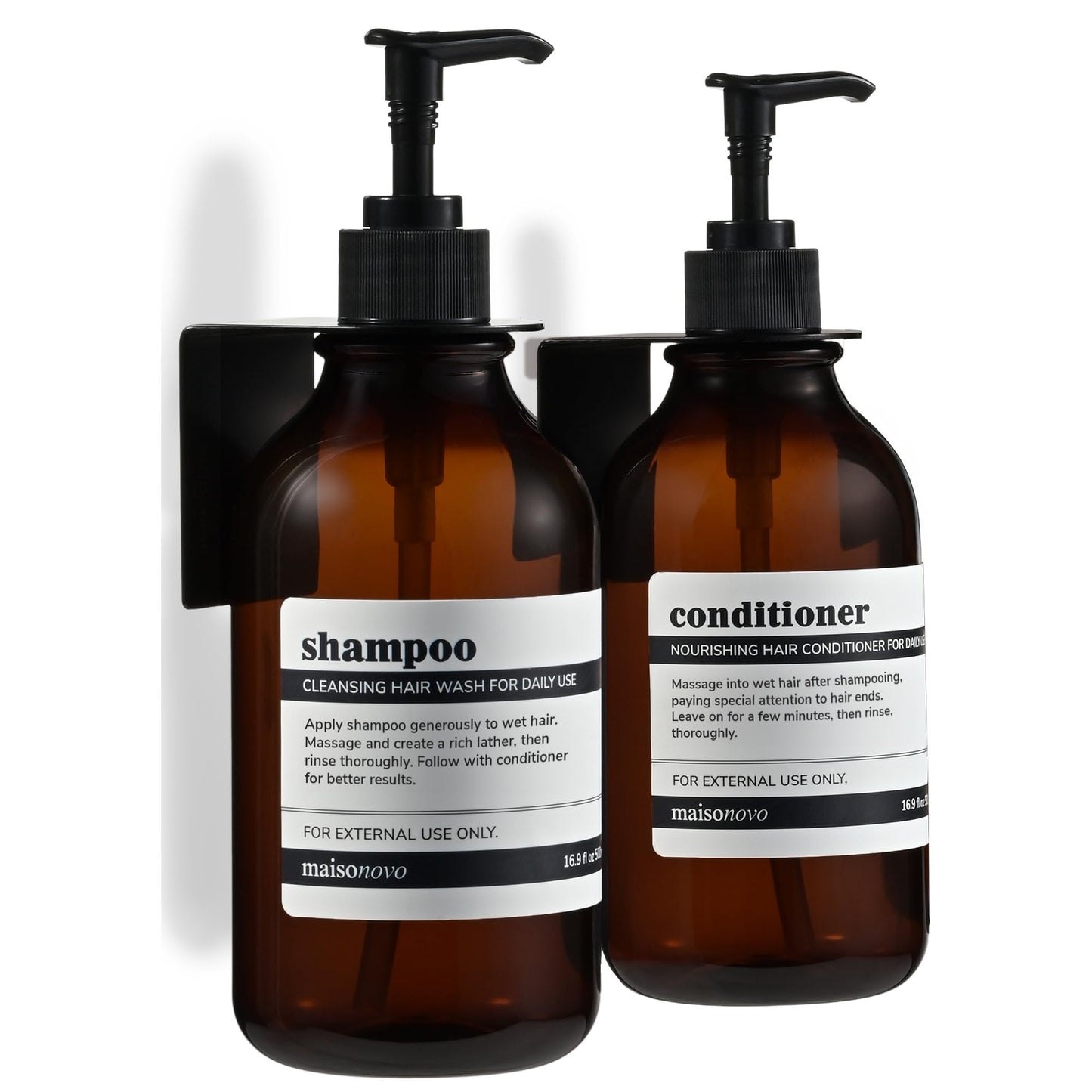 MaisoNovo Shampoo and Conditioner Dispenser - Set of 2 Shower Soap Dispensers Wall Mounted - 500ml Amber Plastic Bottles with Black Pump - No Drill
