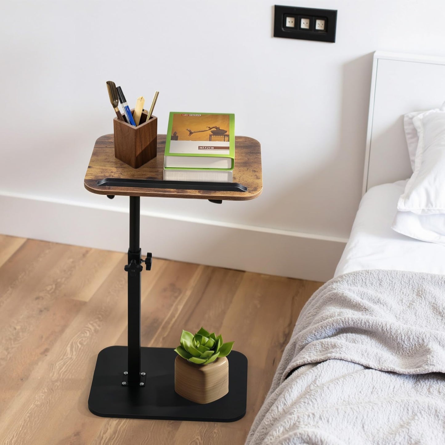 comfoyar C Shaped Side Table Adjustable Height, 360° Swivel 180° Flip Bedside Table with Slat for Sofa Bathtub